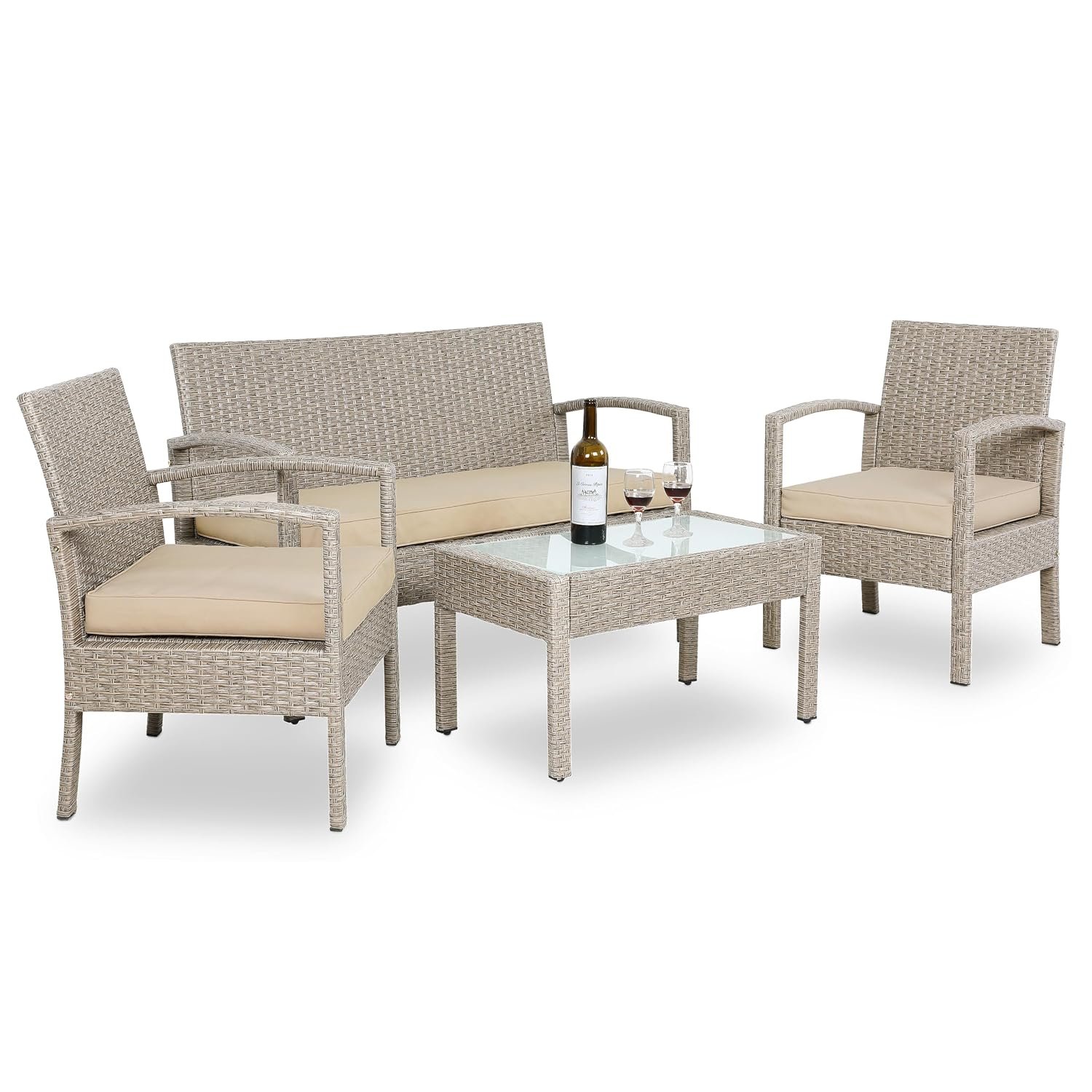 CASARIA® 4 Piece Rattan Garden Furniture Set, Outdoor Sofa, 2 Chairs, Table