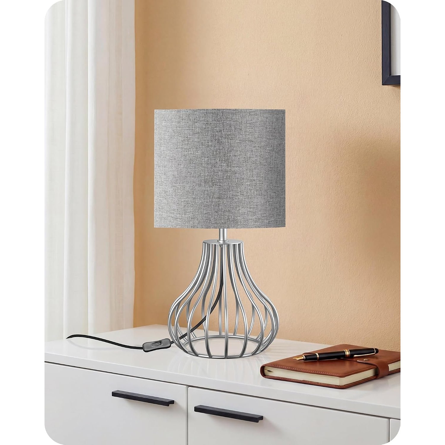 GOEBELSON Bedside Table Lamp, Silver Metal Table Lamp with Grey Linen Lampshade, Modern Bedside Lamps for Bedroom, Industrial Cute Desk Lamp, 4W 2700K LED Bulb Included ZSH10TLK05