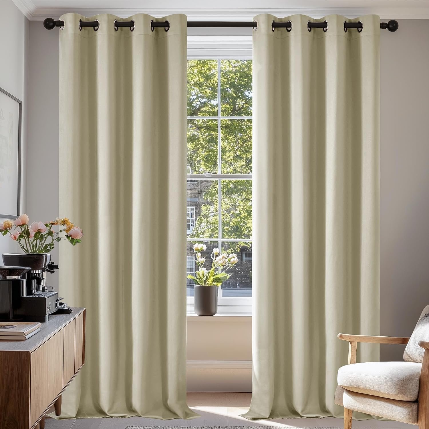 Deconovo Super Soft Ring Top Thermal Insulated Room Darkening Curtains for Bedroom Eyelet 55x96 Inch 2 Panels Beige