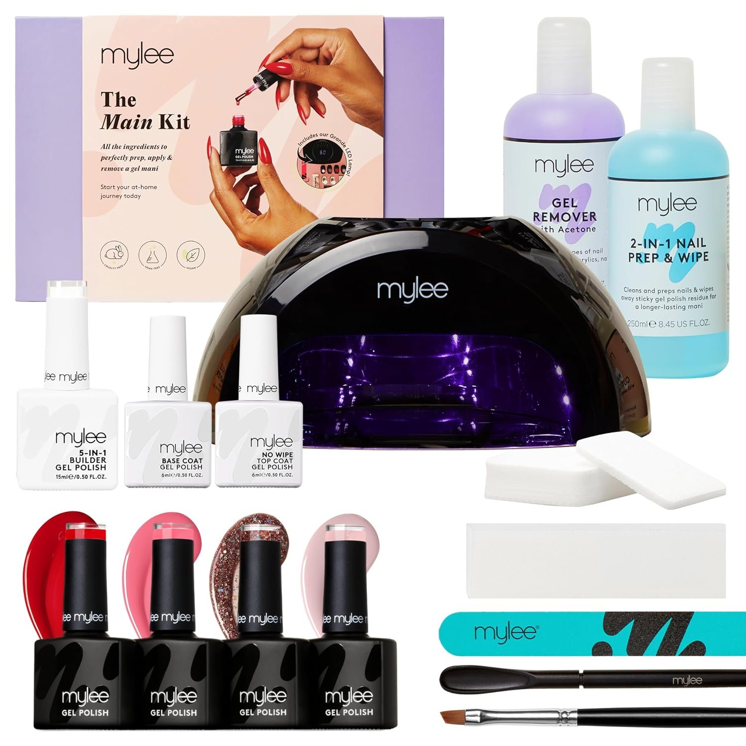 Mylee Professional Gel Nail Kit (Main) - Grande LED Nail Lamp, 4 Gel Polish Shades, Builder Gel, Top & Base Coat, Prep Tools and Gel Remover – Premium At-Home Set & Gifts for Women