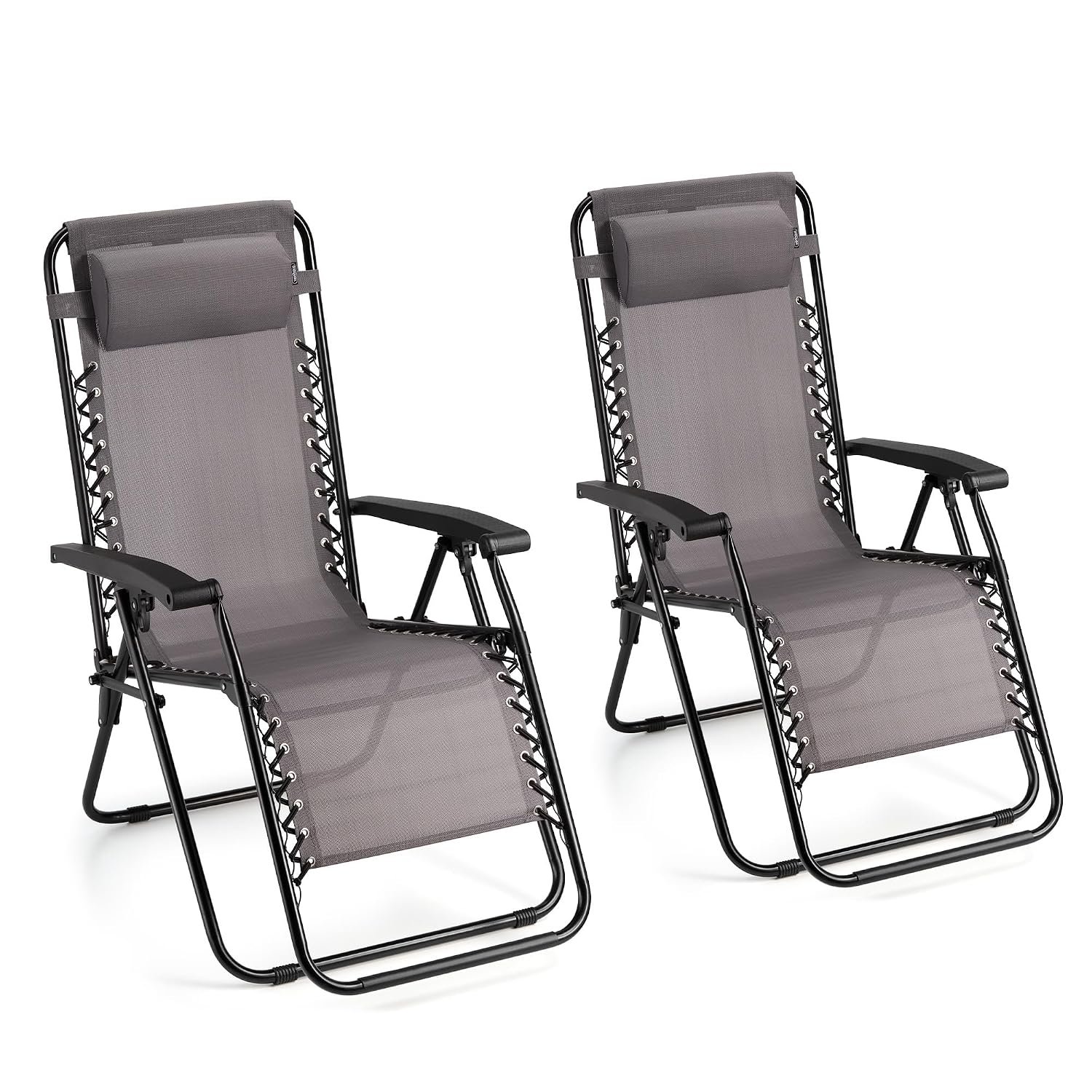 VonHaus Zero Gravity Chairs Set of 2 - Grey Reclining Sun Loungers for Garden - Textilene Folding Sunloungers with Detachable Head Pillow - Fold Away 2 Set Deck Chairs for Outdoor, Patio & Decking
