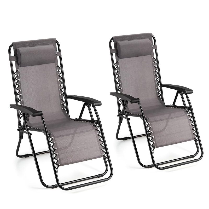 VonHaus Zero Gravity Chairs Set of 2 - Grey Reclining Sun Loungers for Garden - Textilene Folding Sunloungers with Detachable Head Pillow - Fold Away 2 Set Deck Chairs for Outdoor, Patio & Decking
