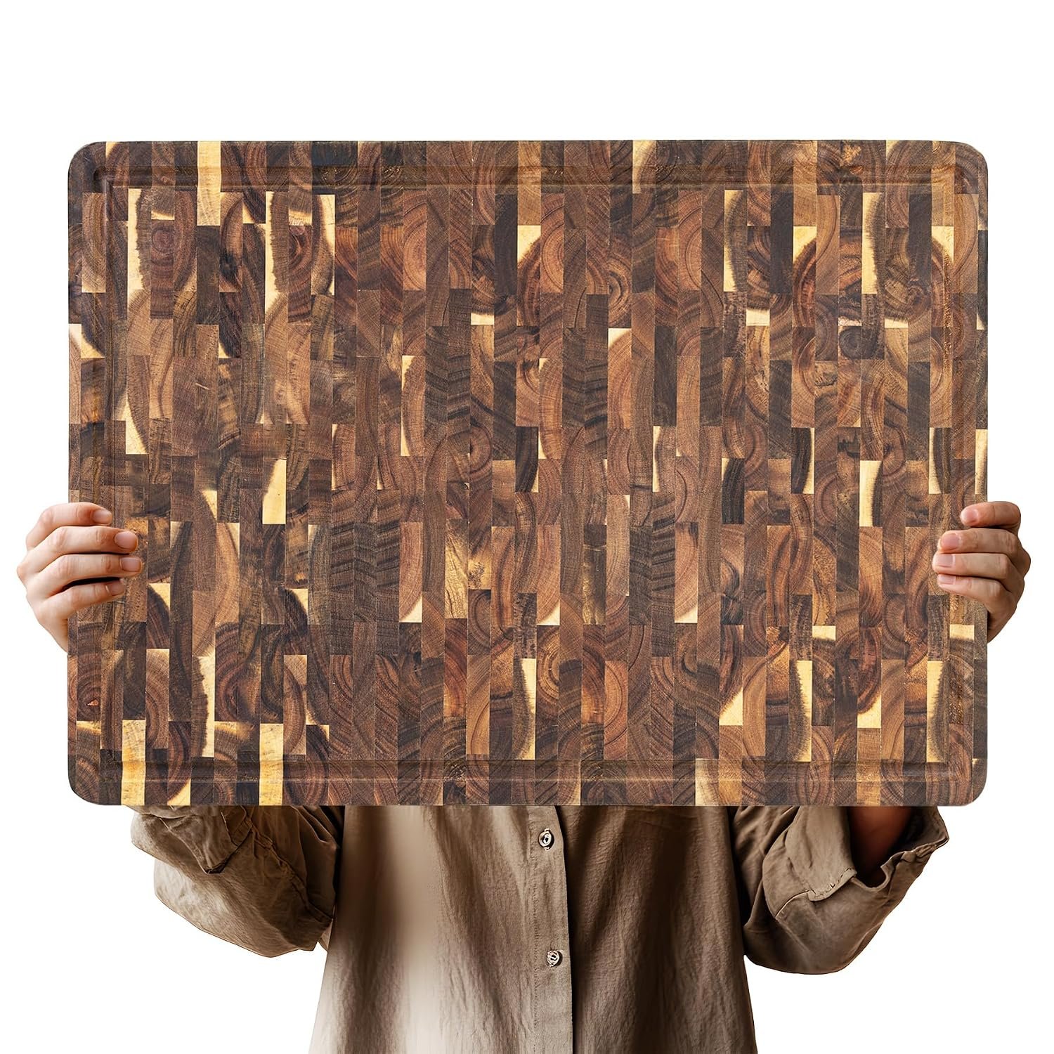 Utoplike Large Acacia Cutting Board(56 x 40.5 x 3.5 cm), End Grain Largest Wooden Butcher Block for Turkey, Meat, Vegetables, BBQ, Chopping Board with Handle and Single-Side Juice Groove