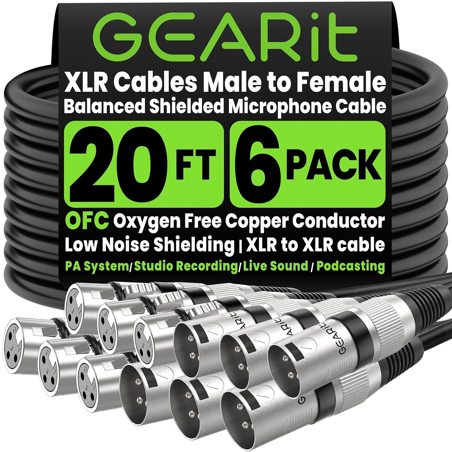 GearIT XLR Microphone Cable (20 Feet, 6-Pack) Male to Female 3-Pin Balanced Shielded Cable for Mic Mixer, Recording Studio, Podcast - Black, 20ft
