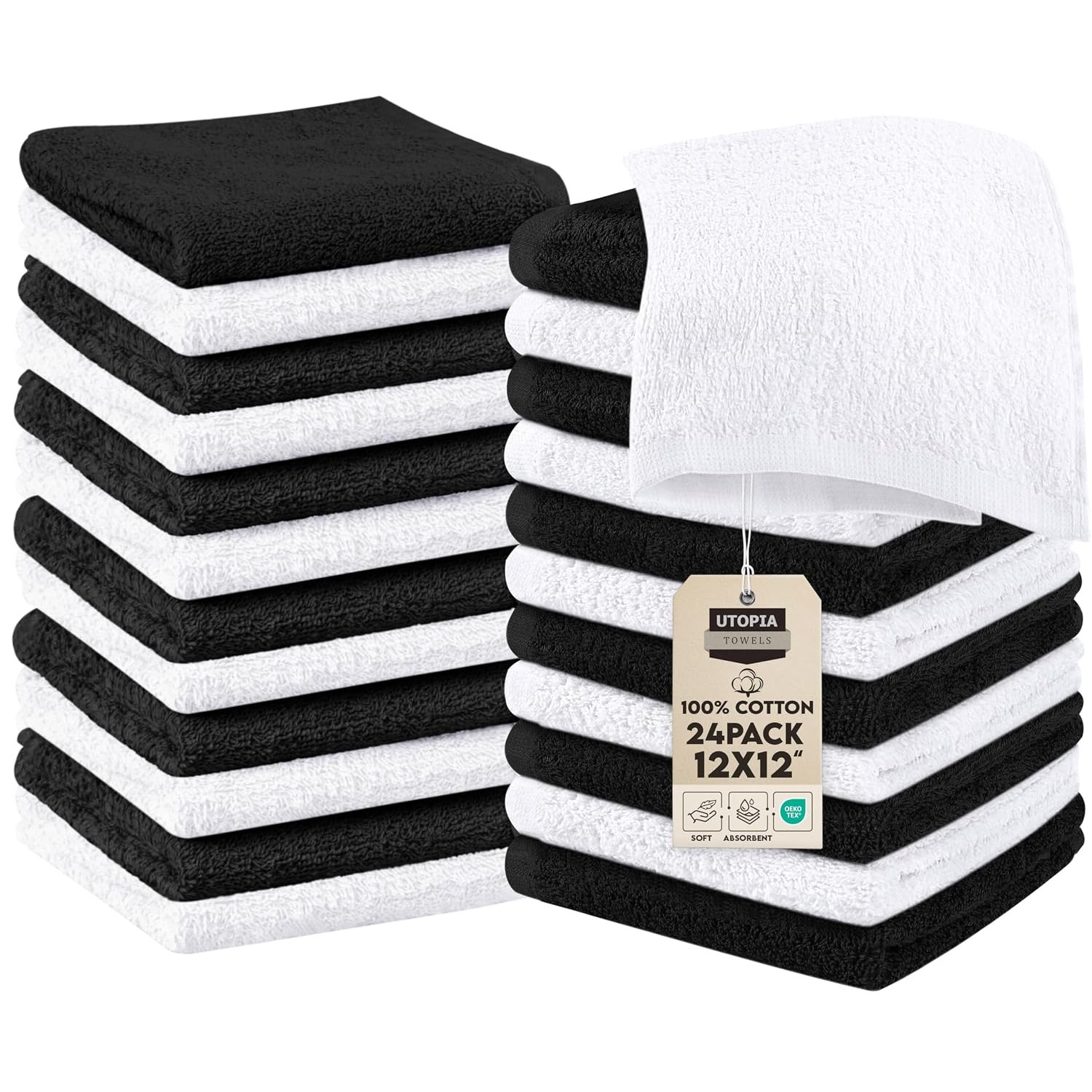 Utopia Towels Cotton Washcloths Set - Pack of 24-100% Ring Spun Cotton, Premium Quality Flannel Face Cloths, Highly Absorbent and Soft Feel Fingertip Towels (24 Pack, Black, White)
