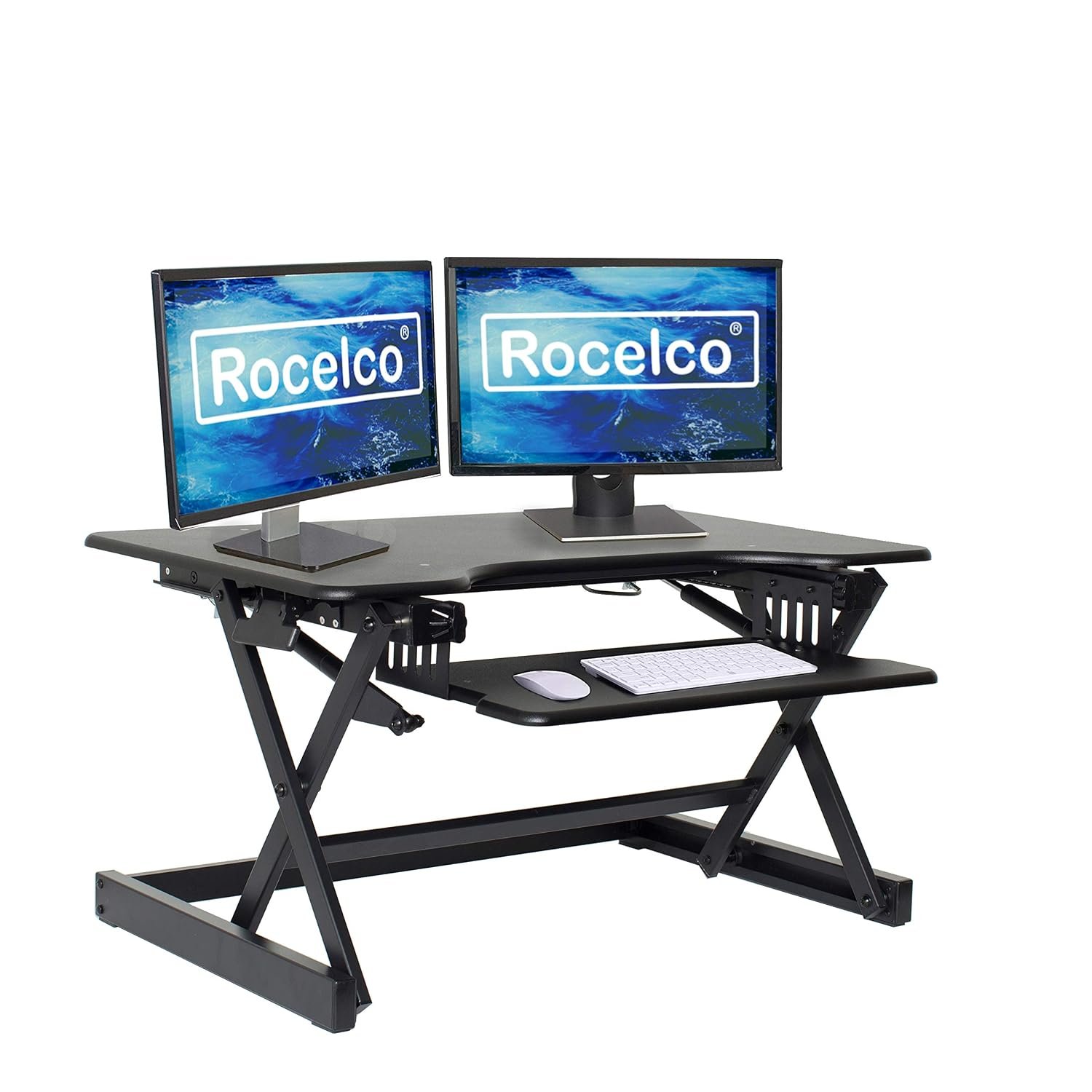 Rocelco 81cm Standing Desk Converter with Retractable Keyboard Tray - Dual Gas Spring Lift - Height Adjustable Sit Stand Computer Workstation Riser for Two Monitors and Laptop - Black (R EADRB2)