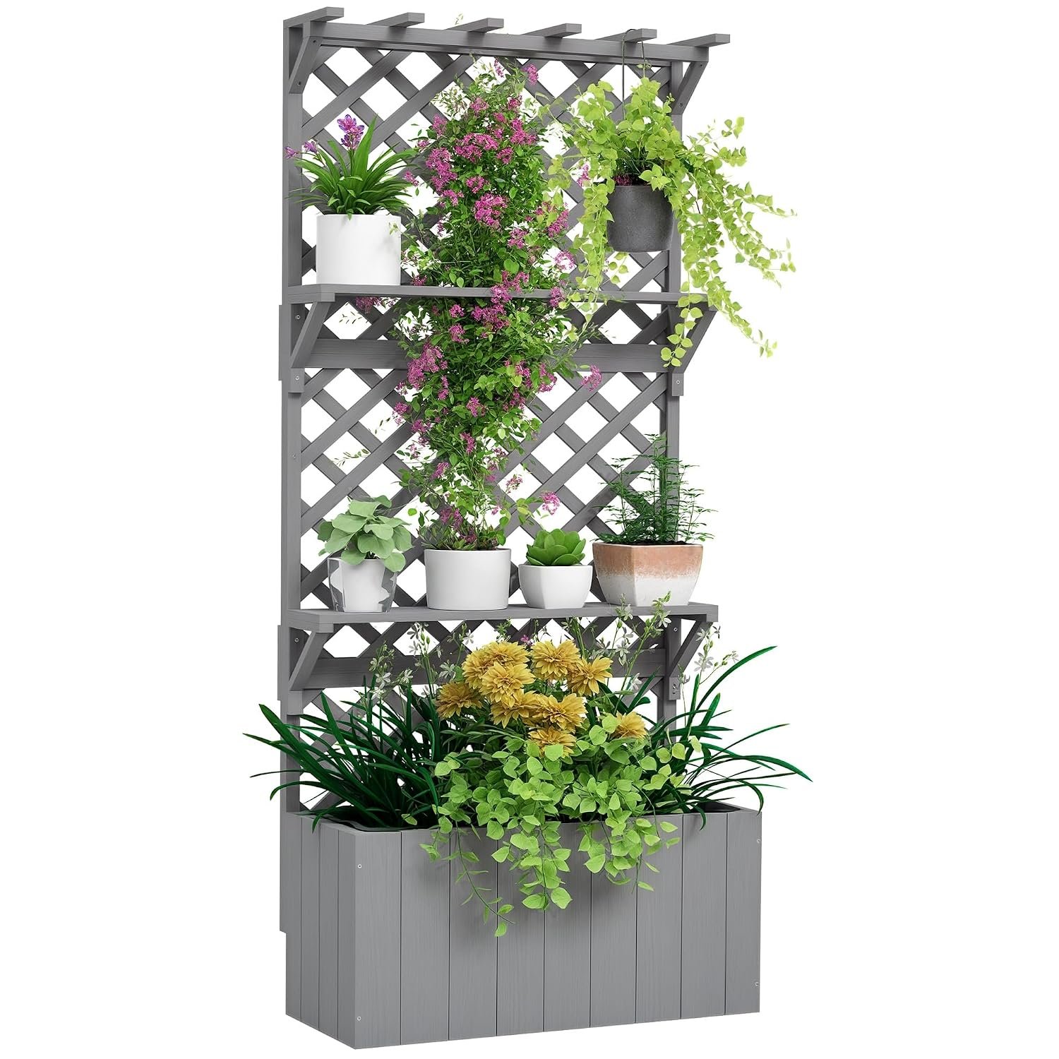 Outsunny 52L Wooden Planter with Trellis, Freestanding Raised Bed for Garden with Hanging Roof, Shelves, Drainage Holes, Bed Liner, Outdoor Planter Box for Climbing Plants Vegetables Flowers, Grey