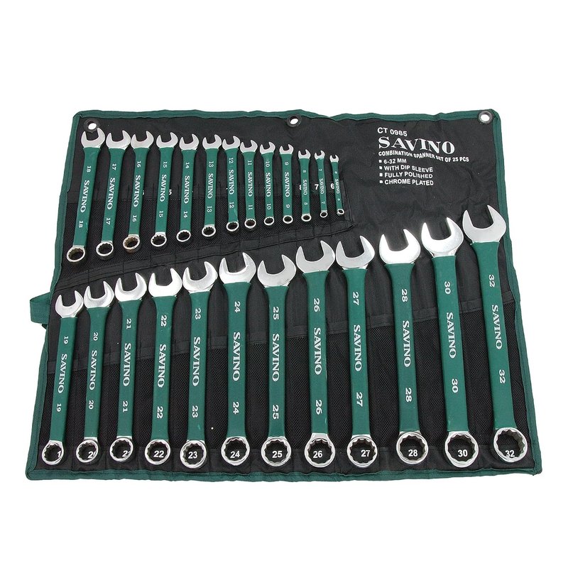 Neilsen Savino CT0985 25pc Green Dip Combination Spanner Set - 6mm to 32mm, with Dipped Handles and Wallet, Durable and Versatile Spanner Set for Automotive, DIY, and Industrial Use