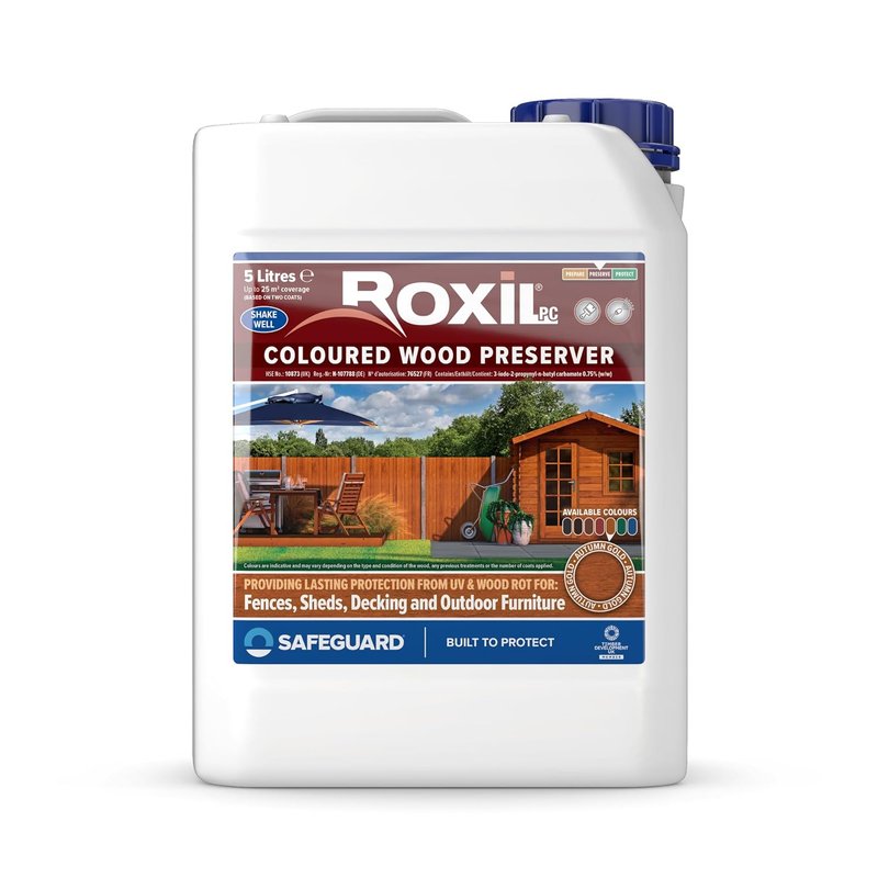 Roxil Wood Stain Preserver 5 Litre (Autumn Gold) Fast-Drying Satin Finish for Decking, Fence, Shed, Furniture. 5 Year Protection for Indoor & Outdoor