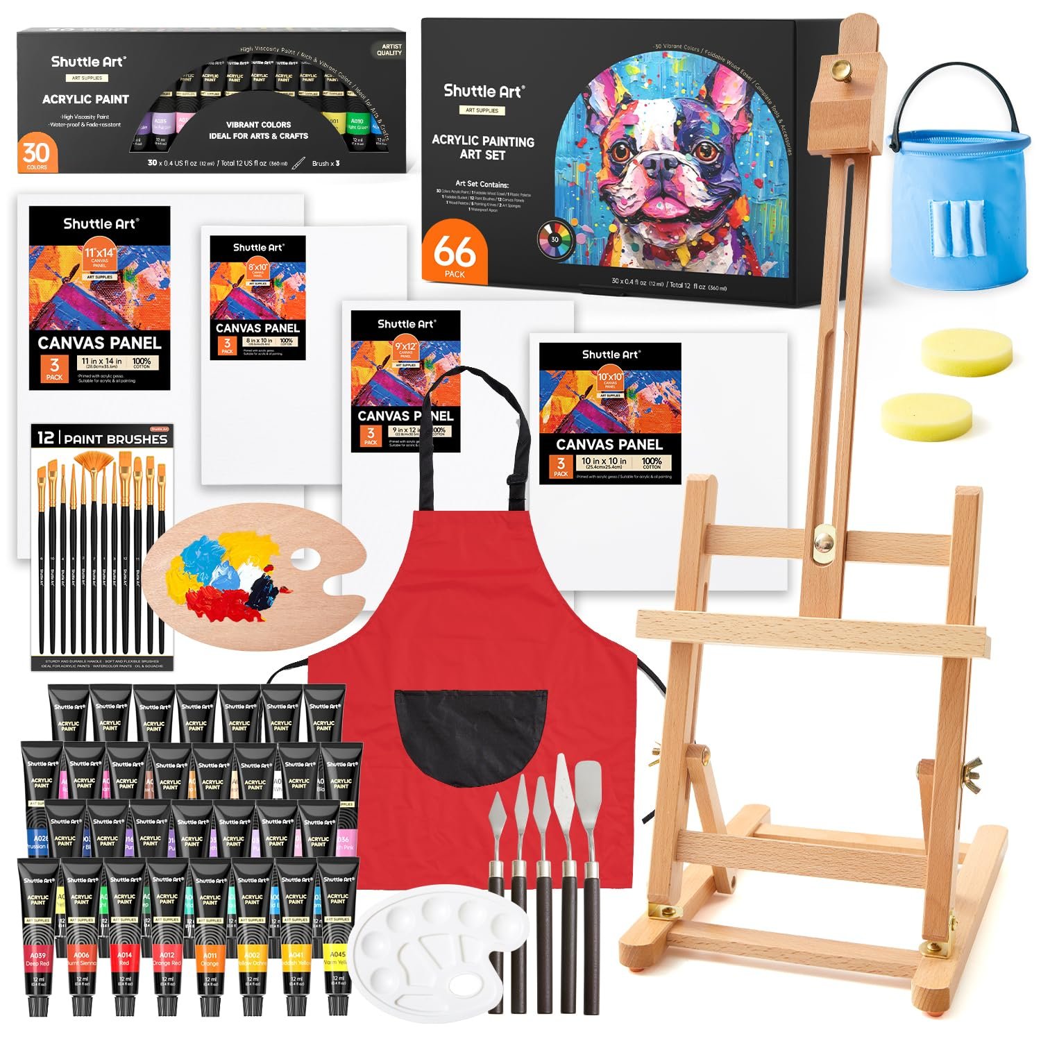 Shuttle Art 66 Pack Acrylic Paint Set, Painting Set with 30 Colours Acrylic Paints, Wooden Easel, Blank Canvas, Paint Brushes, Palette, Art Painting Pack for Kids Adults Beginner Artists