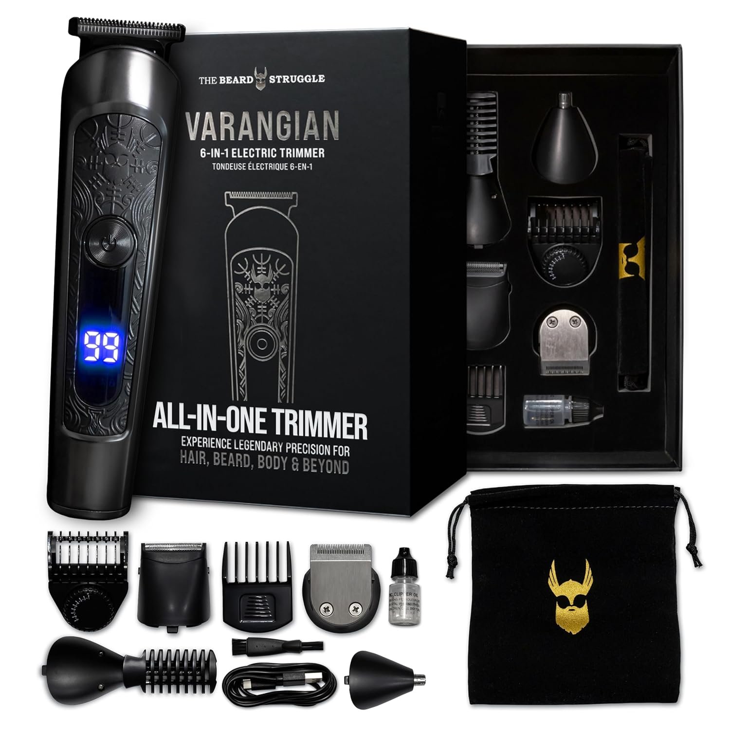 The Beard Struggle Varangian Beard Trimmer® 6-in-1 for Hair, Beard, Body & Beyond, Titanium Blade, 17 Length Adjustable Blade with Digital LED Display, Cordless Waterproof Wet/Dry Clipper