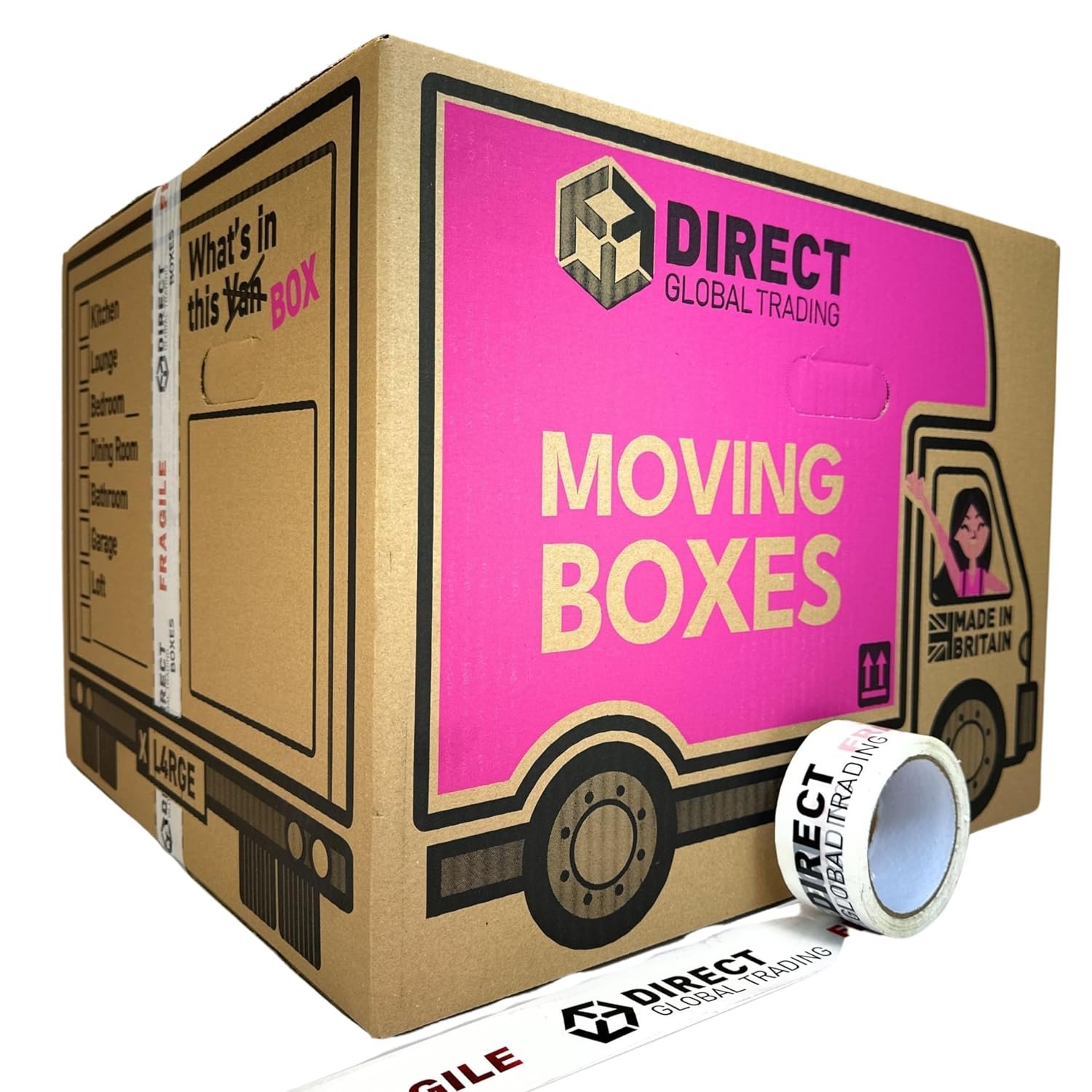 20 Strong Extra Large Cardboard Storage Packing Moving House Boxes with Carry Handles and Room List 66 Metres Fragile Tape 52cm x 52cm x 40cm