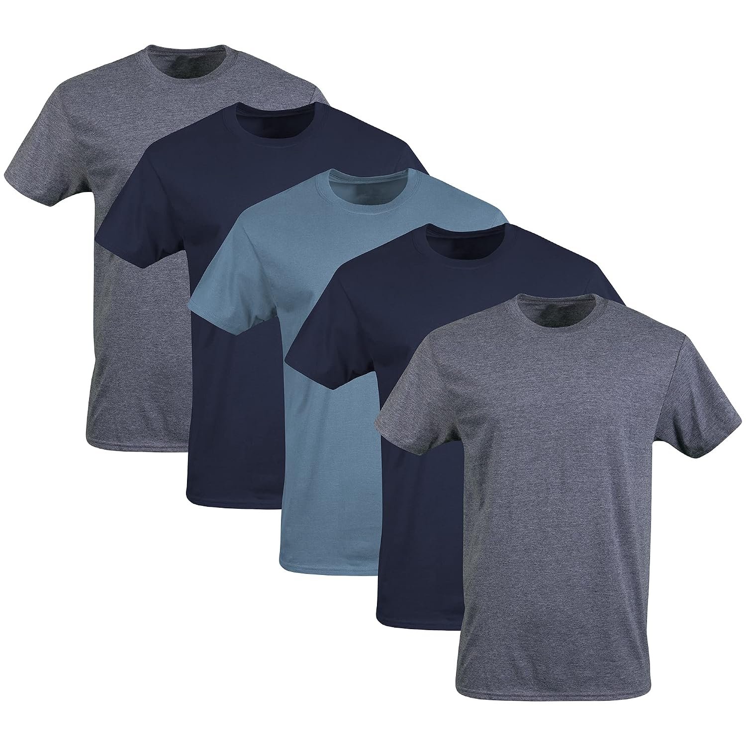 Gildan Men's Crew T-Shirts, Multipack, Style G1100 Underwear, Navy/Heather Navy/Indigo Blue (5-Pack), S (Pack of 5)