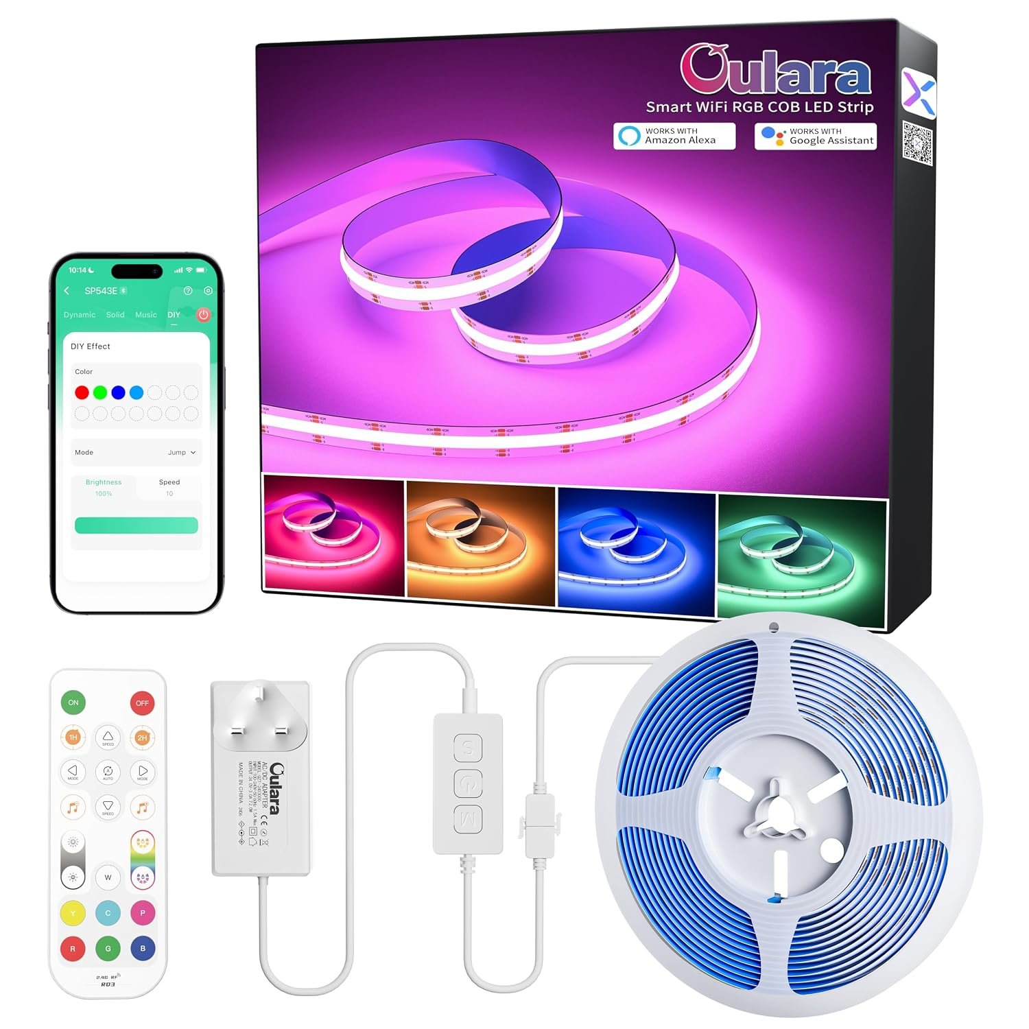 OULARA RGB COB LED Strip 6M,Colour Changing LED Strips,Flexible LED Strip Light Dimmable Multicolours RGB Lights with APP Control/Music Mode Work with Alexa/Google for Kitchen Party Cabinet Bedroom