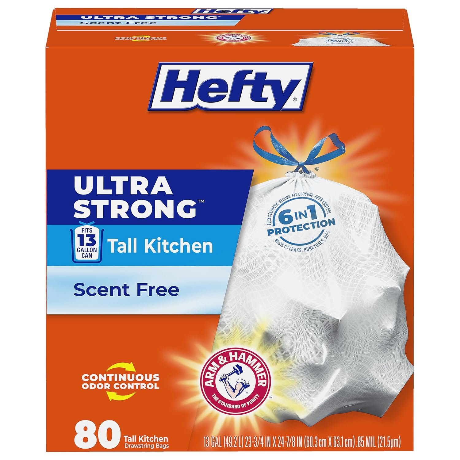 Hefty Ultra Strong Trash Bags (Scent Free, Tall Kitchen Drawstring, 13 Gallon, 80 Count) Fits All Simplehuman Size J Cans
