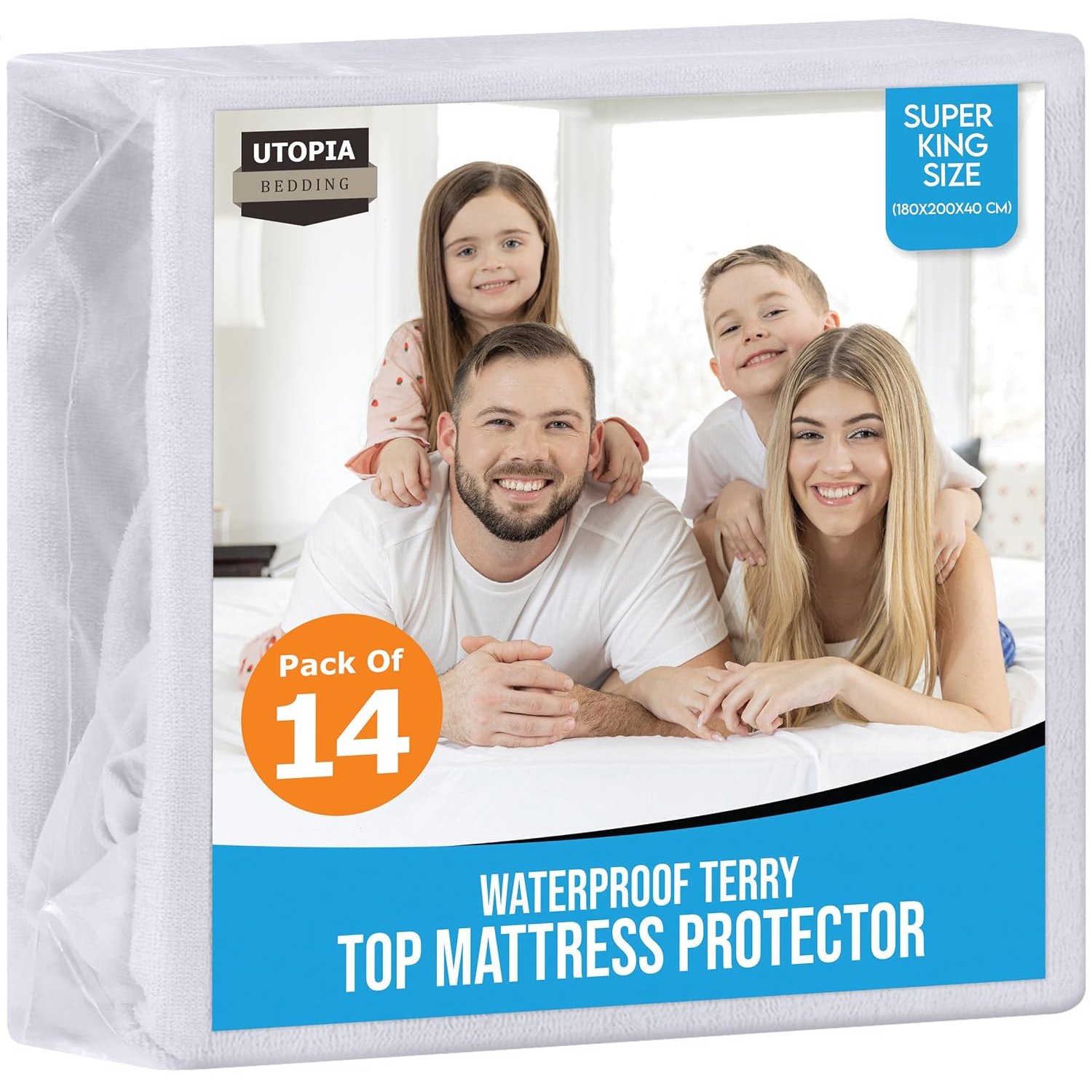 Waterproof Mattress Protector Super King Bed, 180 x 200 cm, (Pack of 14, White), Fits Up to 40 cm Deep Mattresses, Premium Terry Mattress Cover, All Around Elastic, Machine Washable by Utopia Bedding