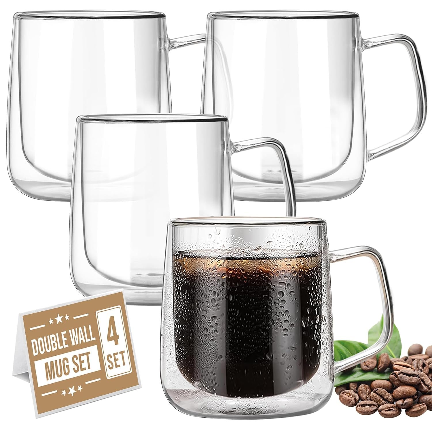 CRYSTALIA Double-Walled 100% Insulated Coffee, Cappuccino, Latte, Macchiato, Tea, and Milk Mugs (300ml), Set of 4, Borosilicate Glass for Hot & Cold Drinks