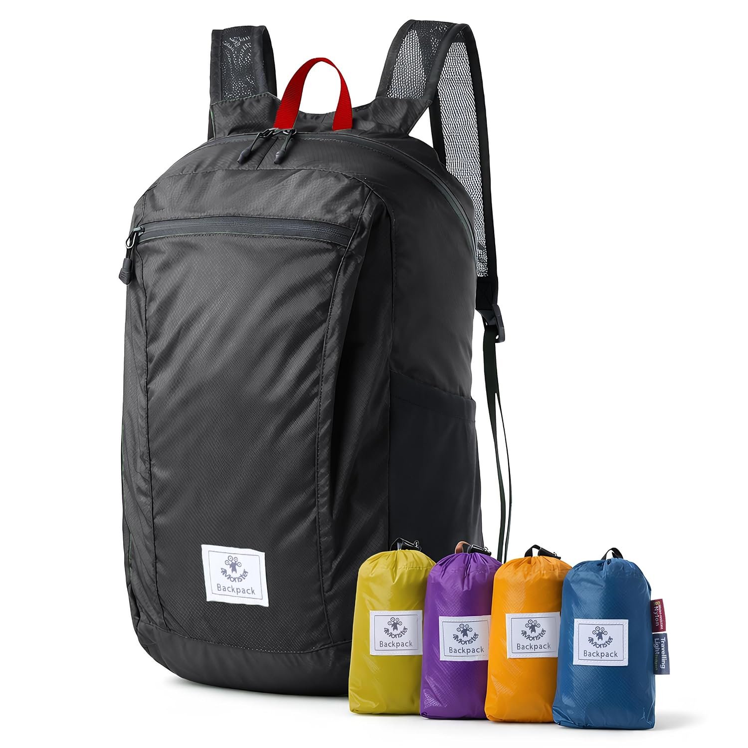4Monster Packable Backpack Ultra Lightweight, Foldable Backpack Water Resistant, Hiking Daypack for Travel Camping Outdoor, Daily Walk-around, Cycling, Sports, Excursions(Black, 24L)