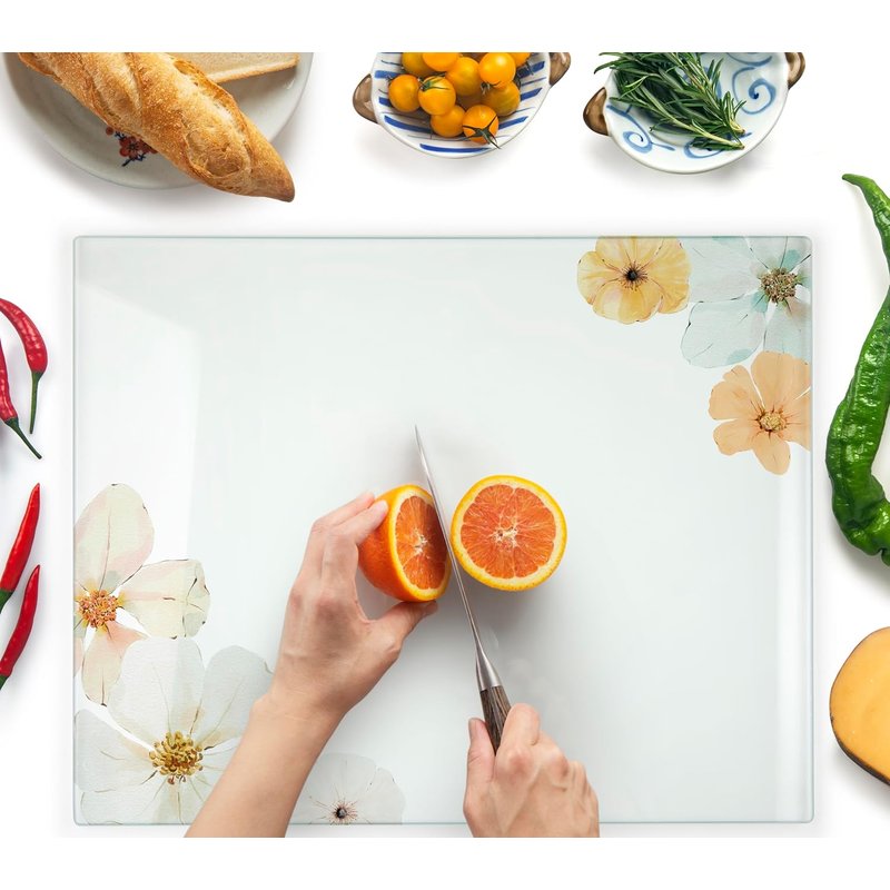 Kitchenville Glass Chopping Board 50x40 cm: Tempered Glass Worktop Savers for Kitchens, Durable, Scratch-Resistant, Heat-Proof - Floral Design