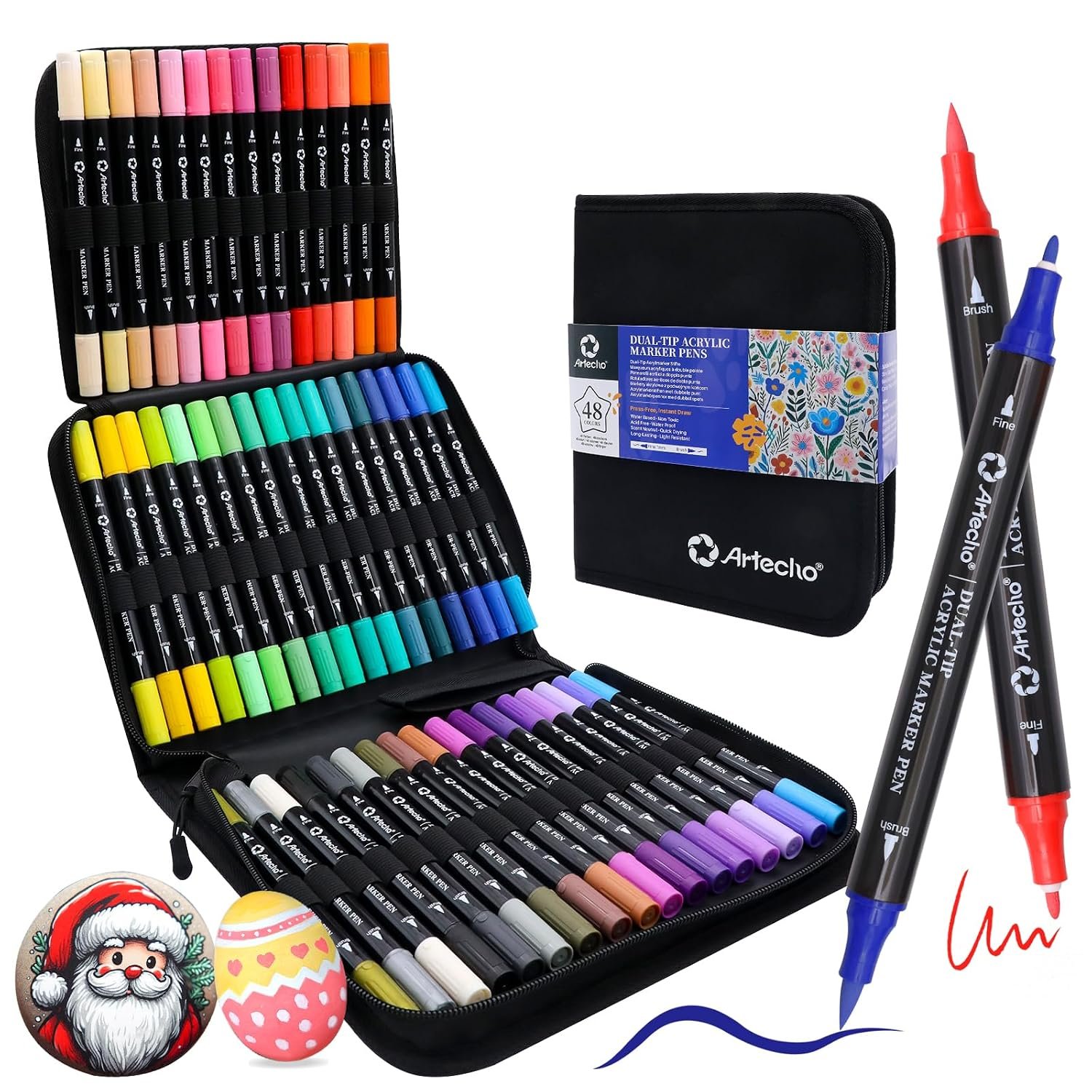 Artecho 48 Colors Dual Tip Acrylic Paint Pens, Waterproof Acrylic Markers for Rock Painting, Wood, Glass, Quick Dry Paint Pens with Portable Canvas Bag for Artists Beginners DIY Crafts