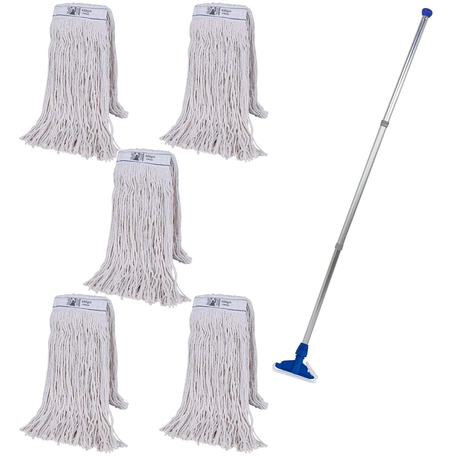 Abbey Heavy Duty Professional Kentucky Mop Handle and Holder With 5 Heads (450g) - Industrial Color-Coded Mop to Avoid Cross Contamination - Commercial Cleaning Tool for Hard Floors, Blue
