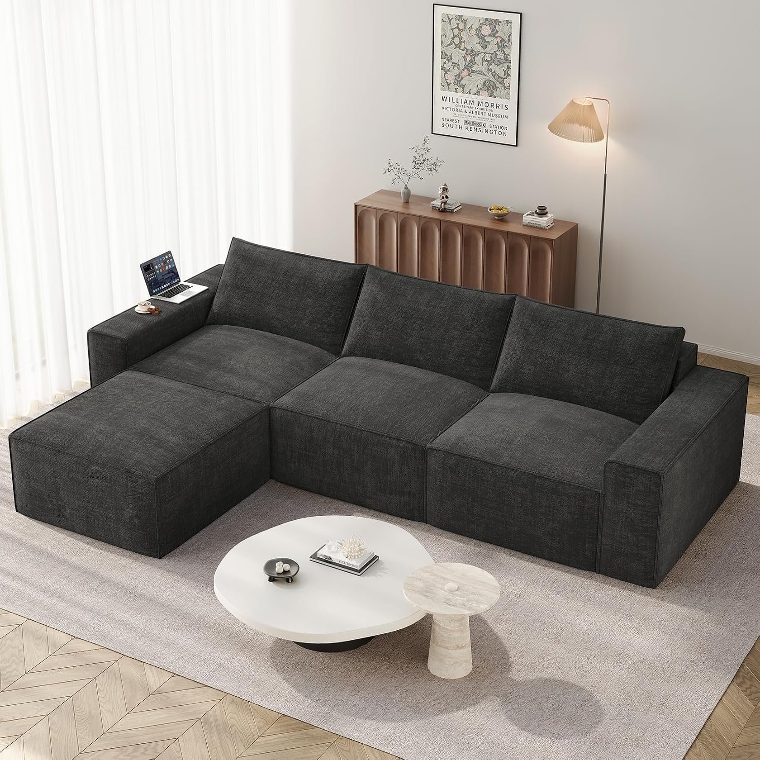 Vesgantti L Shaped Sectional Sofa in Chenille Grey, 290cm Boneless Couch with Deep Seat, No Assembly Required, Cloud Couches for Living Room and Apartment, 3 Seate+Ottoman