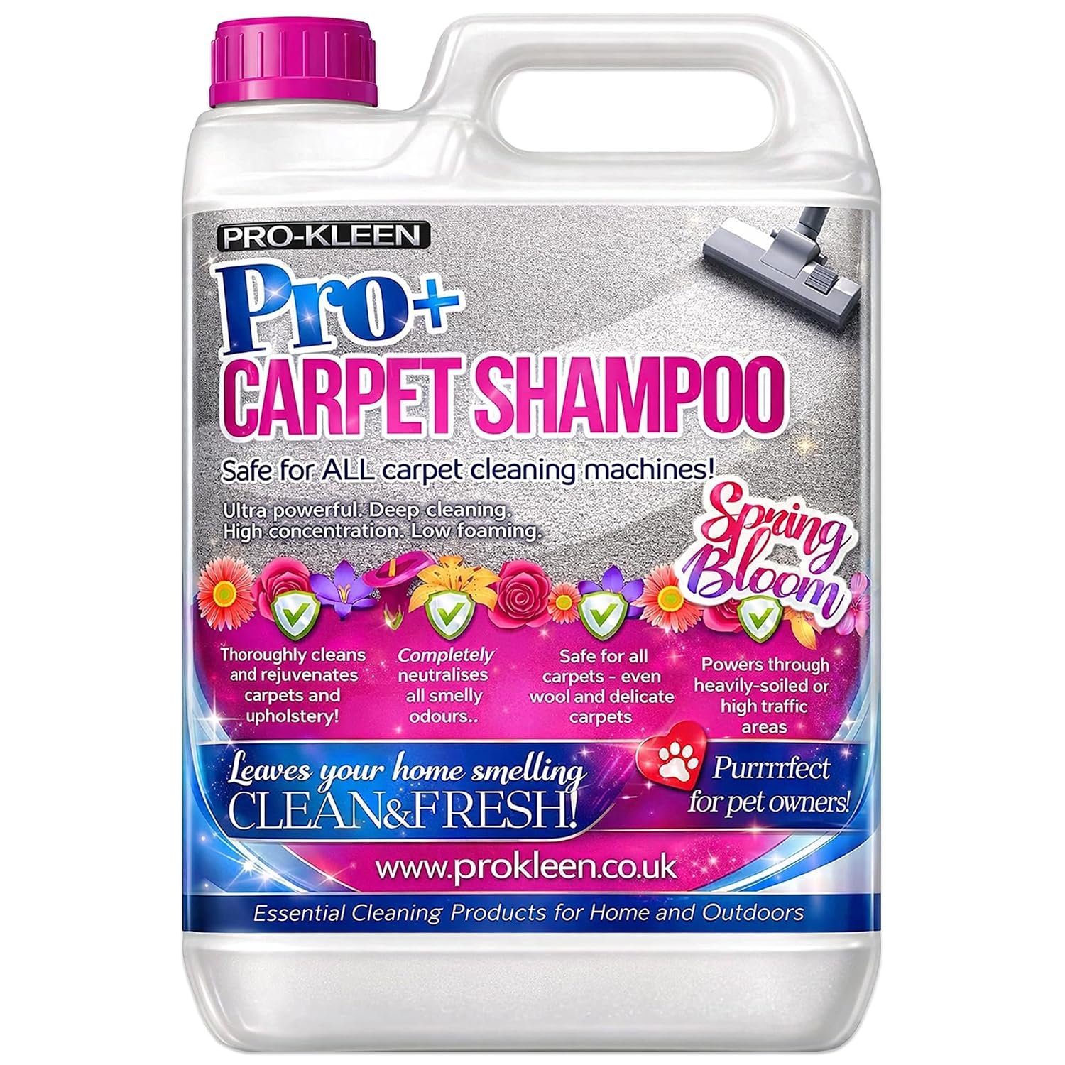 Pro-Kleen Pro+ Carpet Shampoo and Upholstery Cleaning Solution – 4 in 1 Concentrate – Pet Carpet Cleaner with Odour Removal Suitable for all Machines 5L (Spring Bloom)