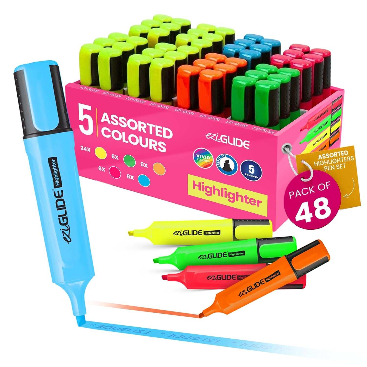 Eziglide Highlighters Pens 48-Pack, 5 Assorted Colours - Neon Assorted Chisel Tip Marker for Bold & Fine Marking, 1-4.5mm Line for Clear Marking, Ideal for Schools, Universities, & Offices