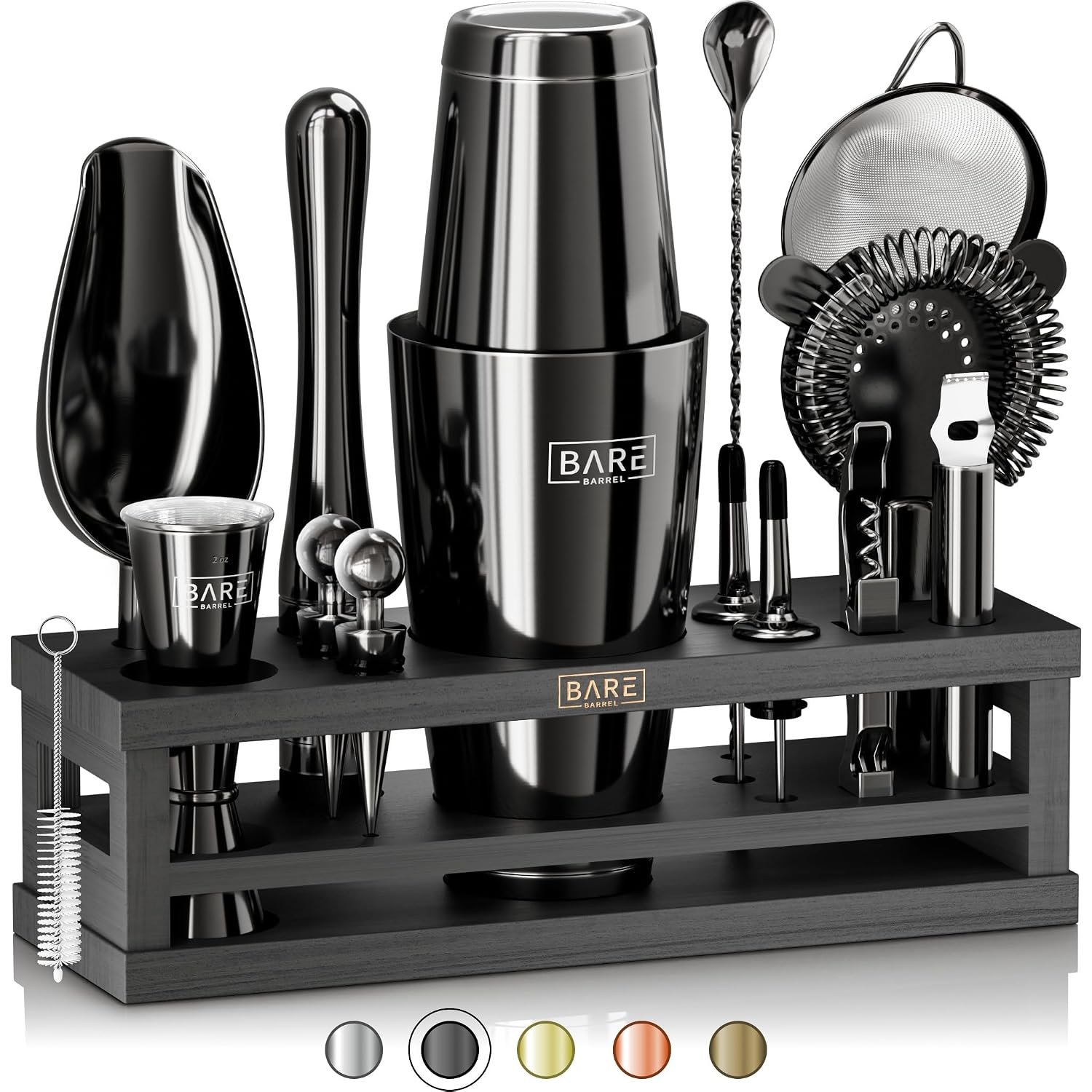 BARE BARREL® Cocktail Making Kit | 16-Piece Bartender Kit Cocktail Shaker Set Maker | Bamboo Display Stand & 35 Recipe Cards | Mixology Cocktail Gift Set (800ml/28oz Boston Shaker, Jet Black/Black)