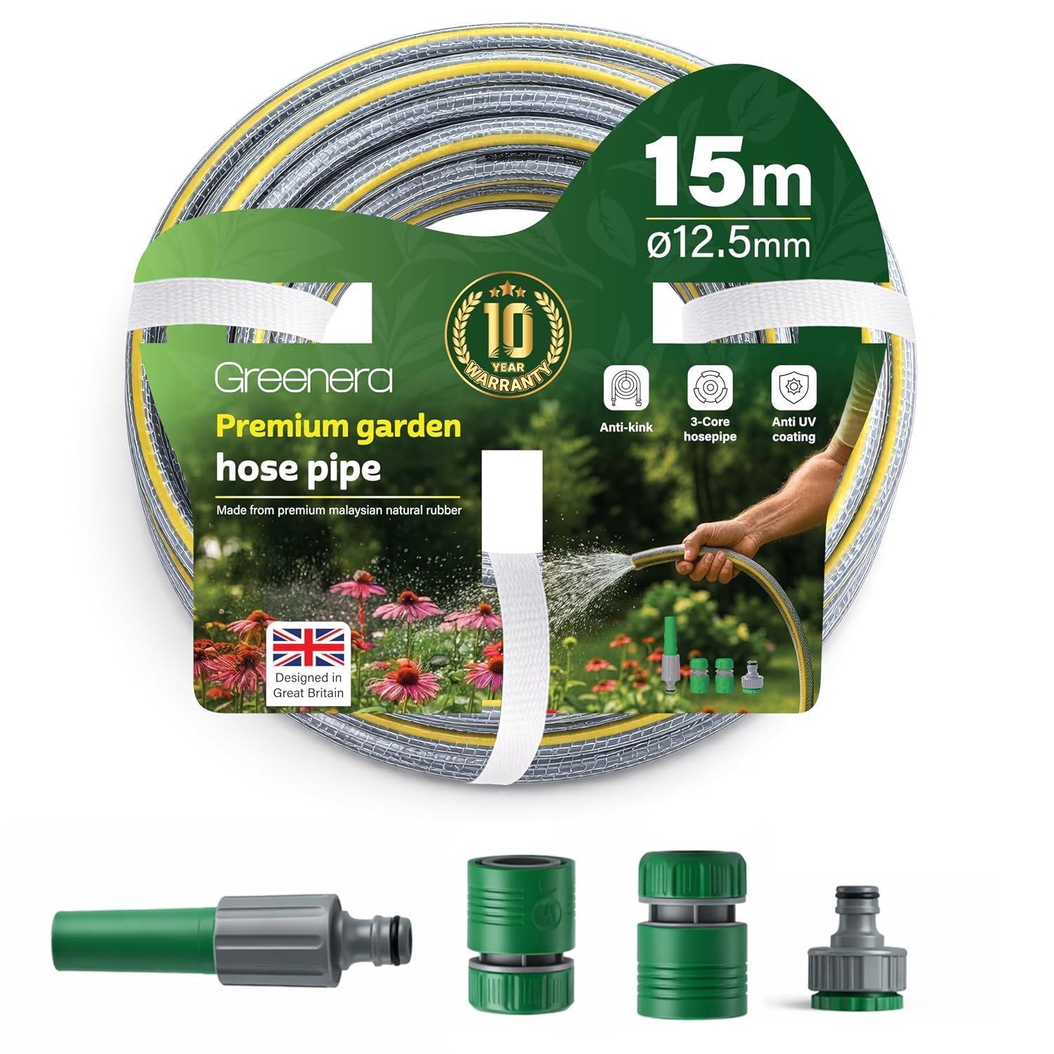 Garden Hose Pipe, 12.5mm x 15m Starter Set, Including 2 in 1 Faucet Tap Adapter, Hose End Quick Connector and Sprayer, Re-Enforced PVC Layering, Hard-Wearing Hosepipe for Outdoor Garden Car Washing