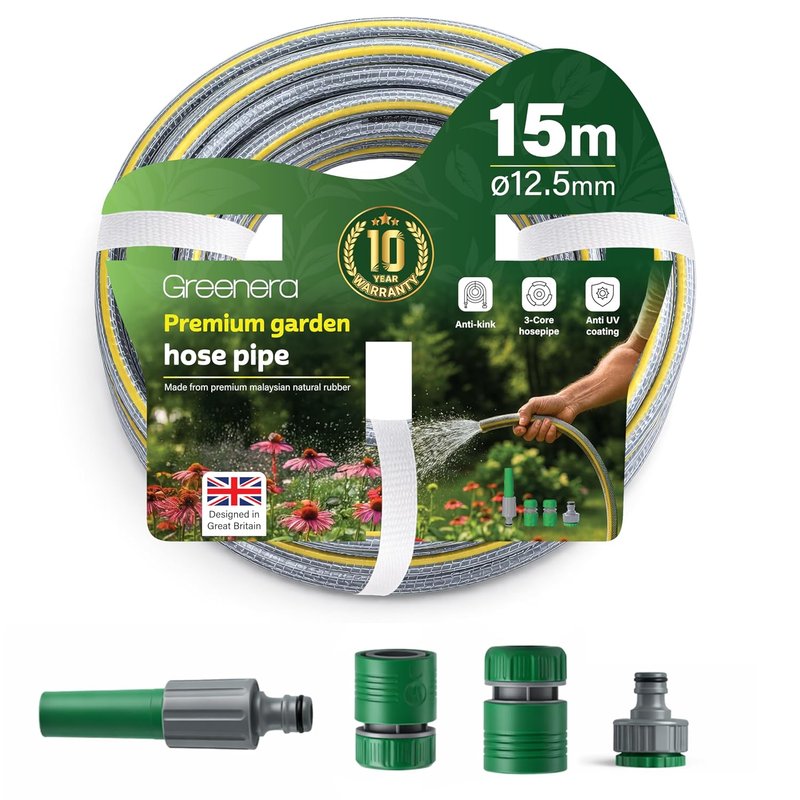 Garden Hose Pipe, 12.5mm x 15m Starter Set, Including 2 in 1 Faucet Tap Adapter, Hose End Quick Connector and Sprayer, Re-Enforced PVC Layering, Hard-Wearing Hosepipe for Outdoor Garden Car Washing