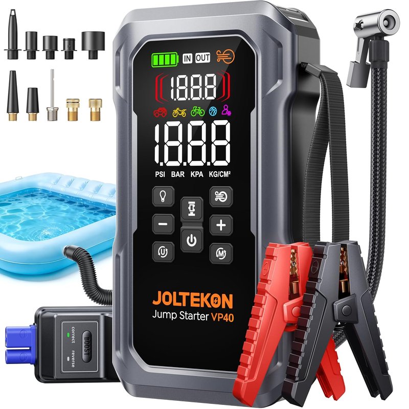6000A 160PSI Jump Starter Power Pack with Air Compressor&Blower, 12V Car Battery Booster Jump Starter (All Gas/12L Diesel) Portable Car Jump Starter Power Bank with Jump Leads/Fast Charge/800LM Light