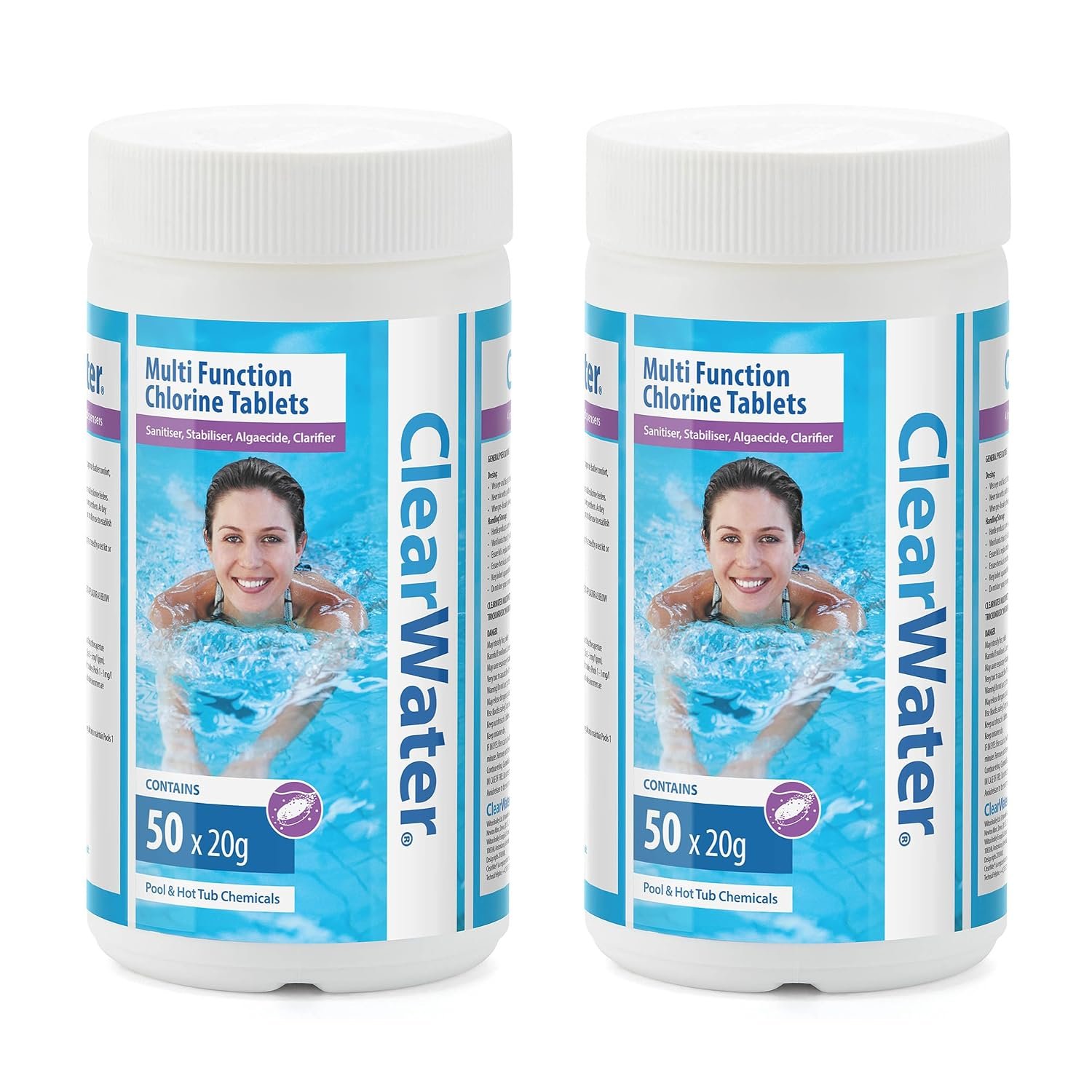 Clearwater 1kg Multifunction Chlorine Tablets, 4-in-1 Dispenser Tablets (Sanitiser, Stabiliser, Algaecide and Clarifier) for Pools and Hot Tubs, 100 x 20 g, White