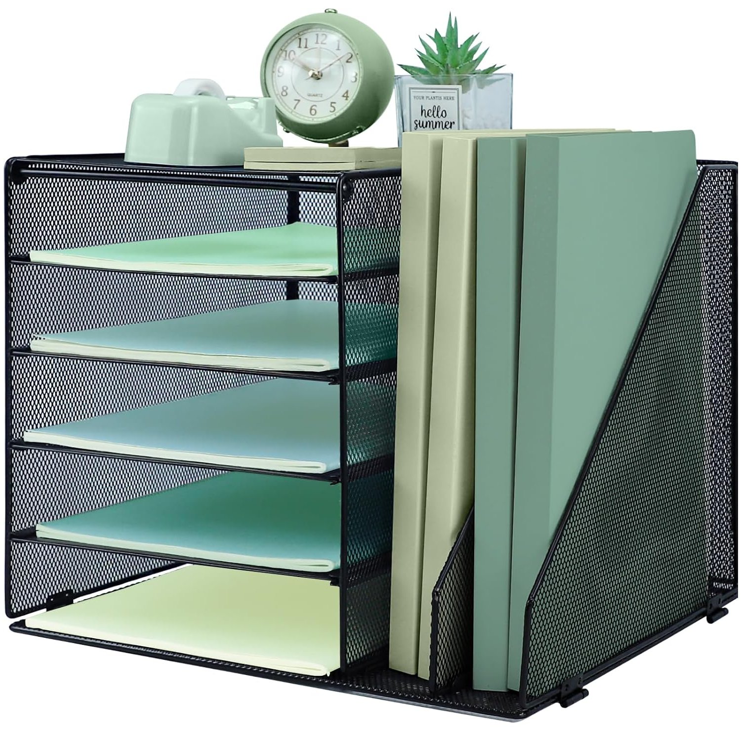 IOUGDSEC 5 Tier Desk File Organiser with 2 Extra Vertical File Sorter, Paper Letter Tray, A4 Paper Desktop Filing Trays, Magazine Document Holder for Home Office, Black
