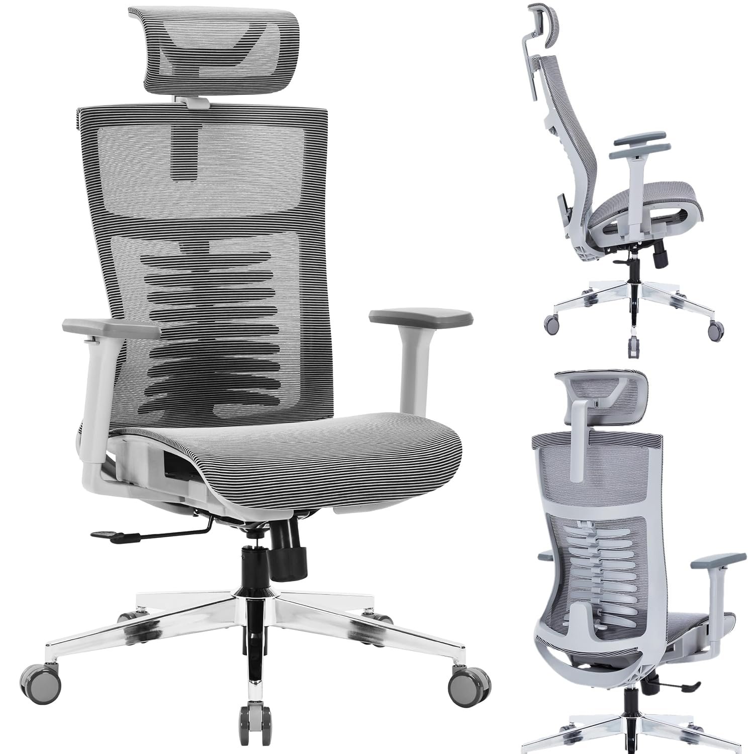 Nyxi Office Chair Premium Ergonomic Mesh Seat for Work, Computer Desk and Study Chair, Executive, 3D Armrests, Headrest & Lumbar Support, 3-Angle Locking, Metal Base (Mesh Seat, Grey, Model 829)