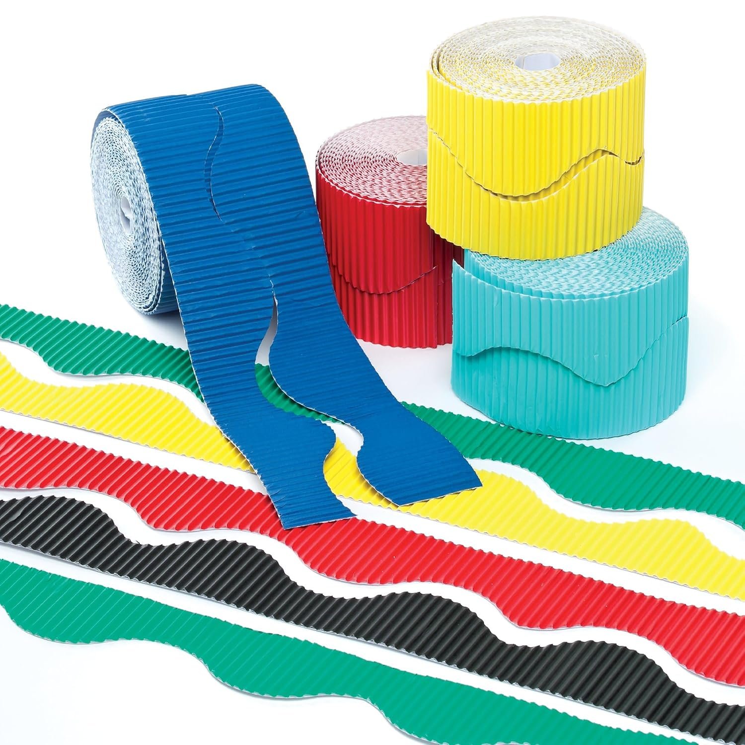 Baker Ross EK544 Corrugated Display Borders - Pack of 6, 15m x 55mm, Assorted Colours, Bulletin Board Borders, Classroom Display