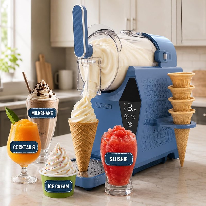 Olsen & Smith Soft Serve Ice Cream Maker & 3-in-1 Slushie Machine – Slush, Slushy, Frozen Cocktail, Margarita, Milkshake, Sorbet, Frappe & Iced Coffee Maker – Self-Cleaning, No Ice, Home Bar, Blue