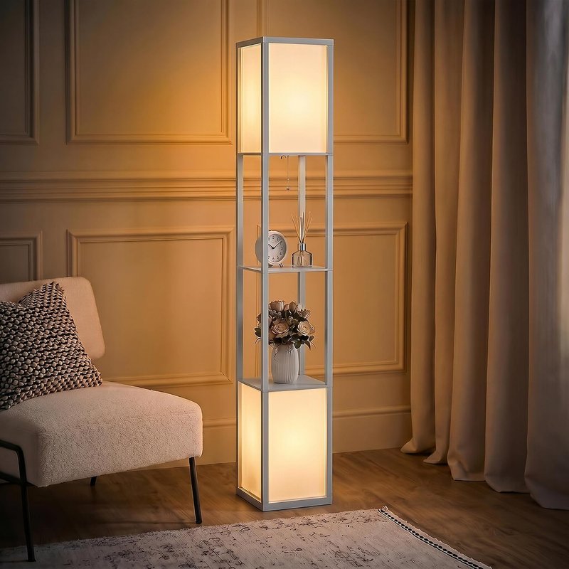 HOMCOM 3-Tier Floor Lamp with Shelves and Storage, Modern Standing Lamp with Lampshade, Reading Light with Chain & Foot Switch for Living Room, Bedroom, Home Office, Bulb not Included, Light Grey