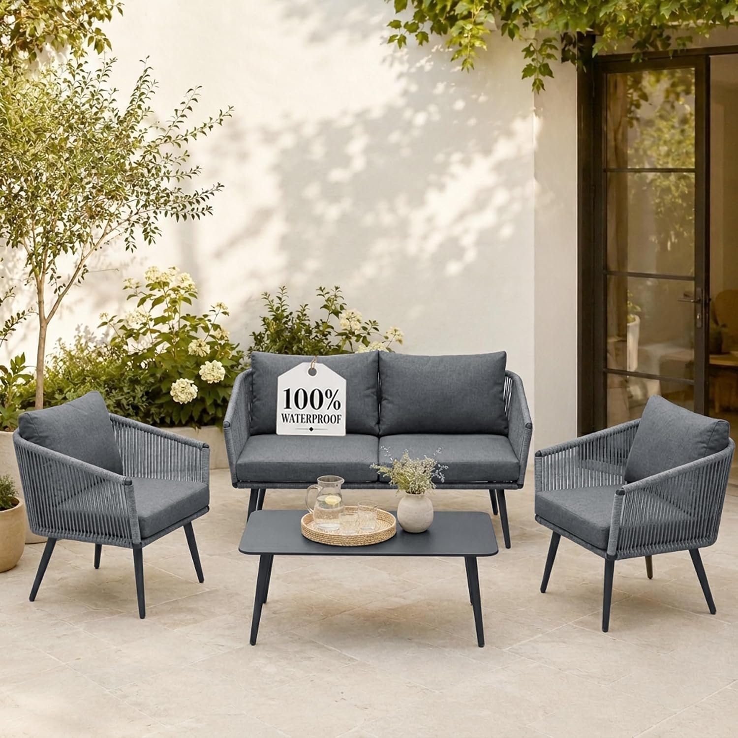 Olsen & Smith Marlow 4 Seater 5 PCS Outdoor Garden Sofa Set – 2-Seat Sofa, 2 Armchairs & Table – Sturdy Rust-Resistant Iron Frame, Rattan & Waterproof Cushions – Patio Furniture (Slate/Grey)