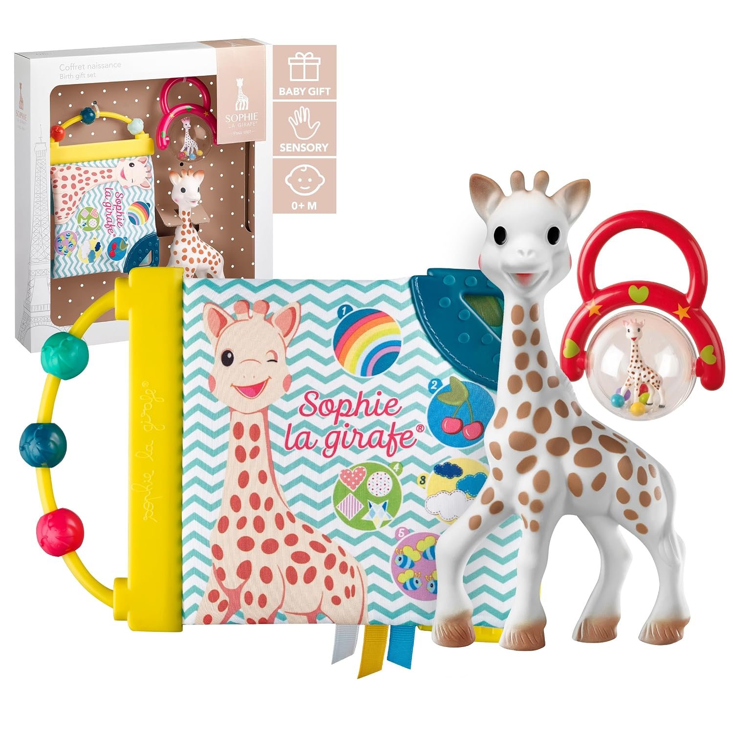 Sophie la Girafe - Baby Box Gift Set, Early Learning Baby Book, Sophie la Giraffe Teething Toy and Hand Rattle - for Newborn Baby 0m+
