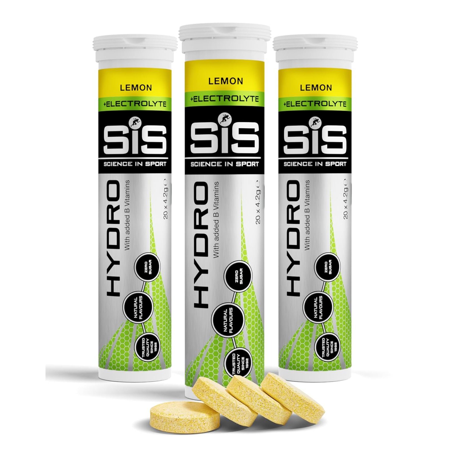 Science in Sport Hydro Electrolyte Tablets - Four Key Electrolytes and B Vitamins - Sugar-Free, Vegan & Gluten-Free Sports Hydration - Lemon - 20 Effervescent Tablets (Pack of 3)