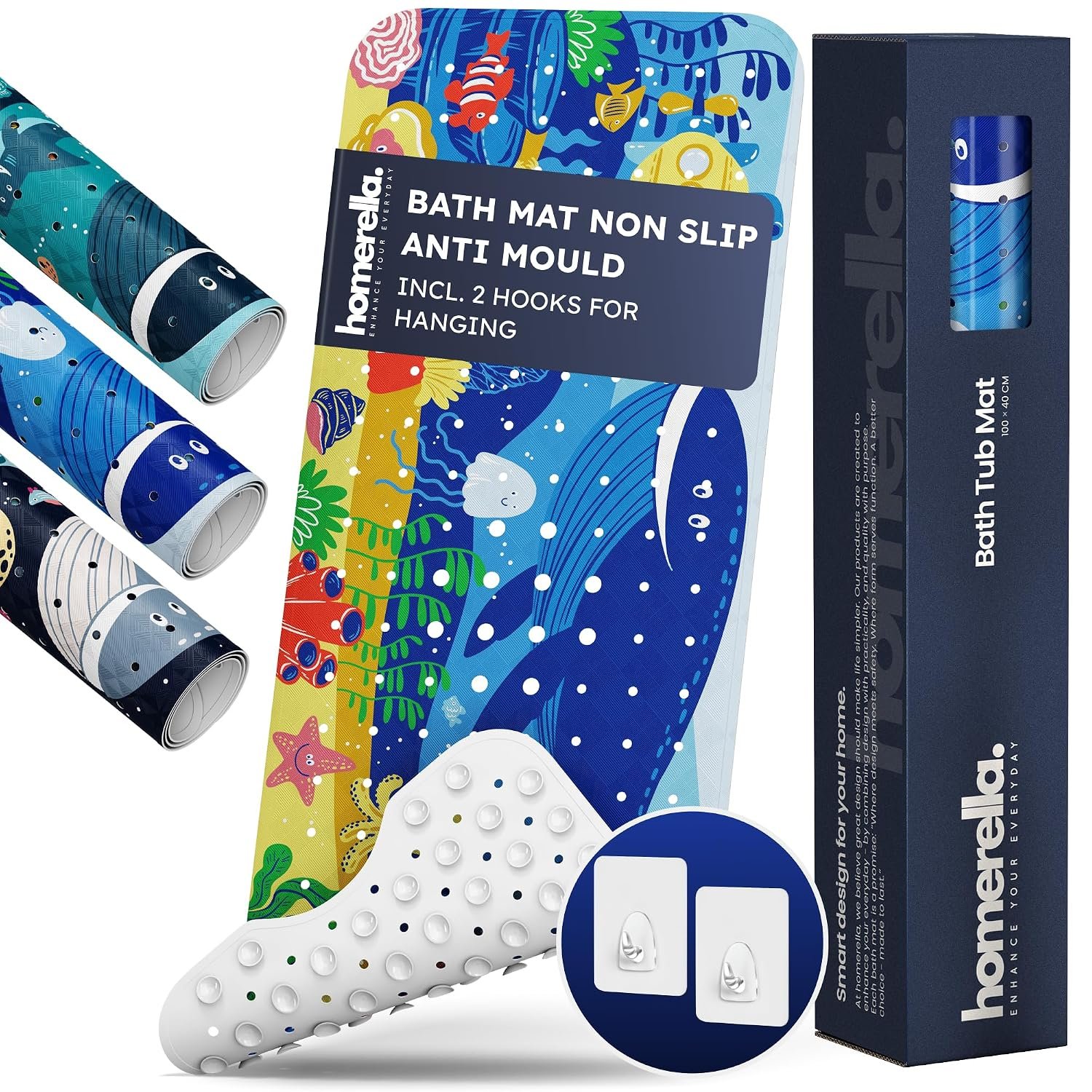 Homerella Bath Mat Non Slip Anti Mould Kids 100x40cm INCL. 2 HOOKS - Anti Slip Bathtub Mat Machine Washable, BPA free, Toddler Non Slip Bath Mat for Inside Bath Tub - Blue ocean friends
