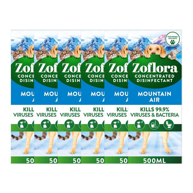 Zoflora Fresh Home Mountain Air Concentrated Disinfectant Liquid, Pack of 6 x 500ml, Pet-Safe Multi-Surface Cleaner, Antibacterial, Kills 99.9% of Germs