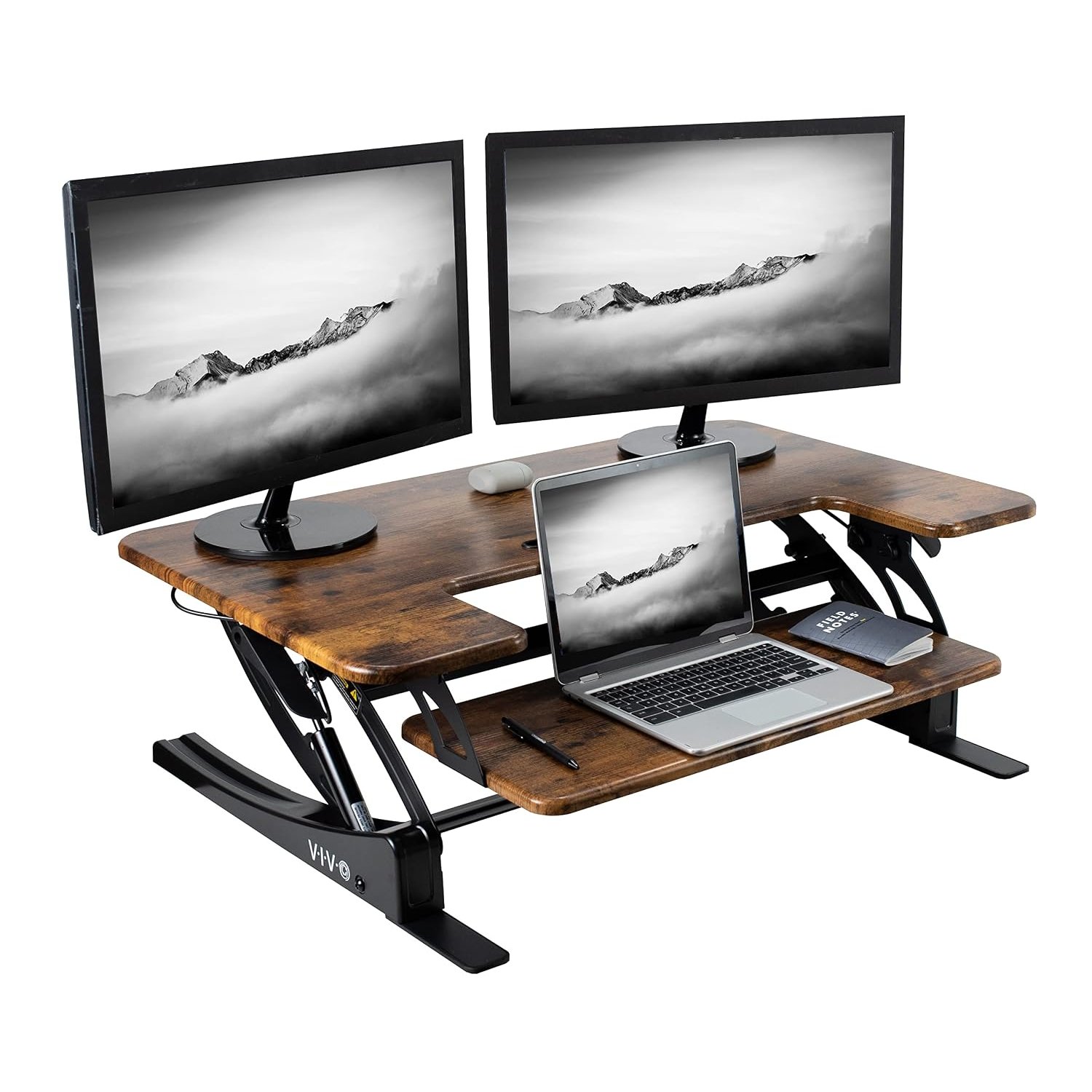 VIVO 36 inch Height Adjustable Stand Up Desk Converter, V Series, Quick Sit to Stand Tabletop Dual Monitor Riser Workstation, Rustic Vintage Brown Top, Black Frame, DESK-V000VN
