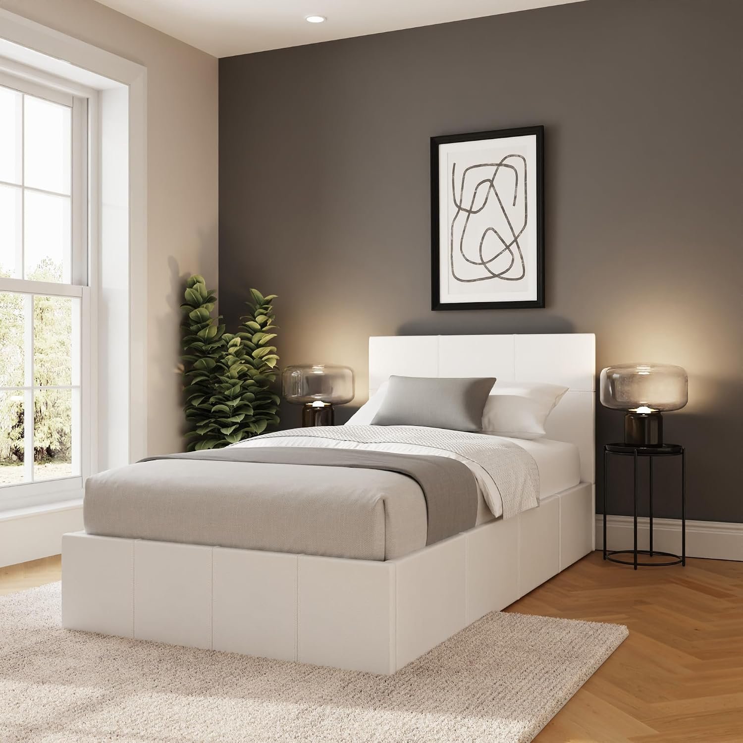 GFW Side Lift 3ft Single White Faux Leather Ottoman Bed Frame, Single Storage Bed with Hydraulic Lift and Stitched Headboard