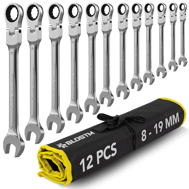 BLOSTM Flexible Ratchet Spanner Set - 12 PCS Combination Spanner Set 8-19mm 180° Flex Head 72 Tooth Gear System Cr-V Steel Ratchet Wrench Set for DIY & Repairs - Includes Roll-Up Storage Pouch