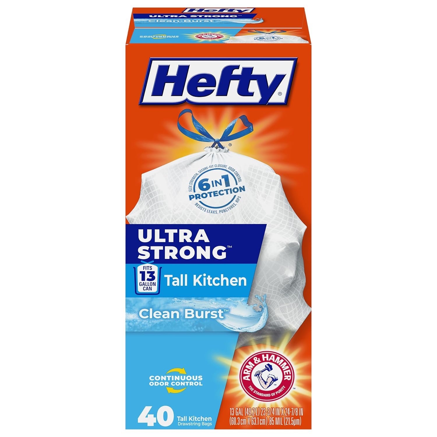 Hefty Ultra Strong Tall Kitchen Drawstring Trash Bag, Clean Burst, 40 Count