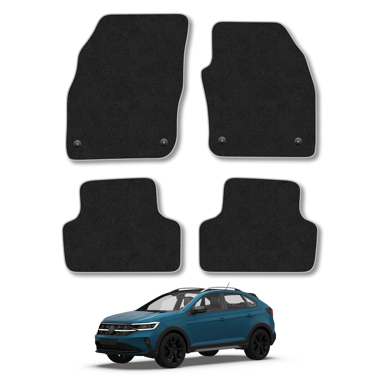 VW Taigo (2022+) Car Mats Accessories Tailored Fit Carpet Floor Mats Non Slip Grey Trim Accessory Compatible Front Rear Set Anti Slip Full Coverage Granulated Backing Hand-Finished Clips