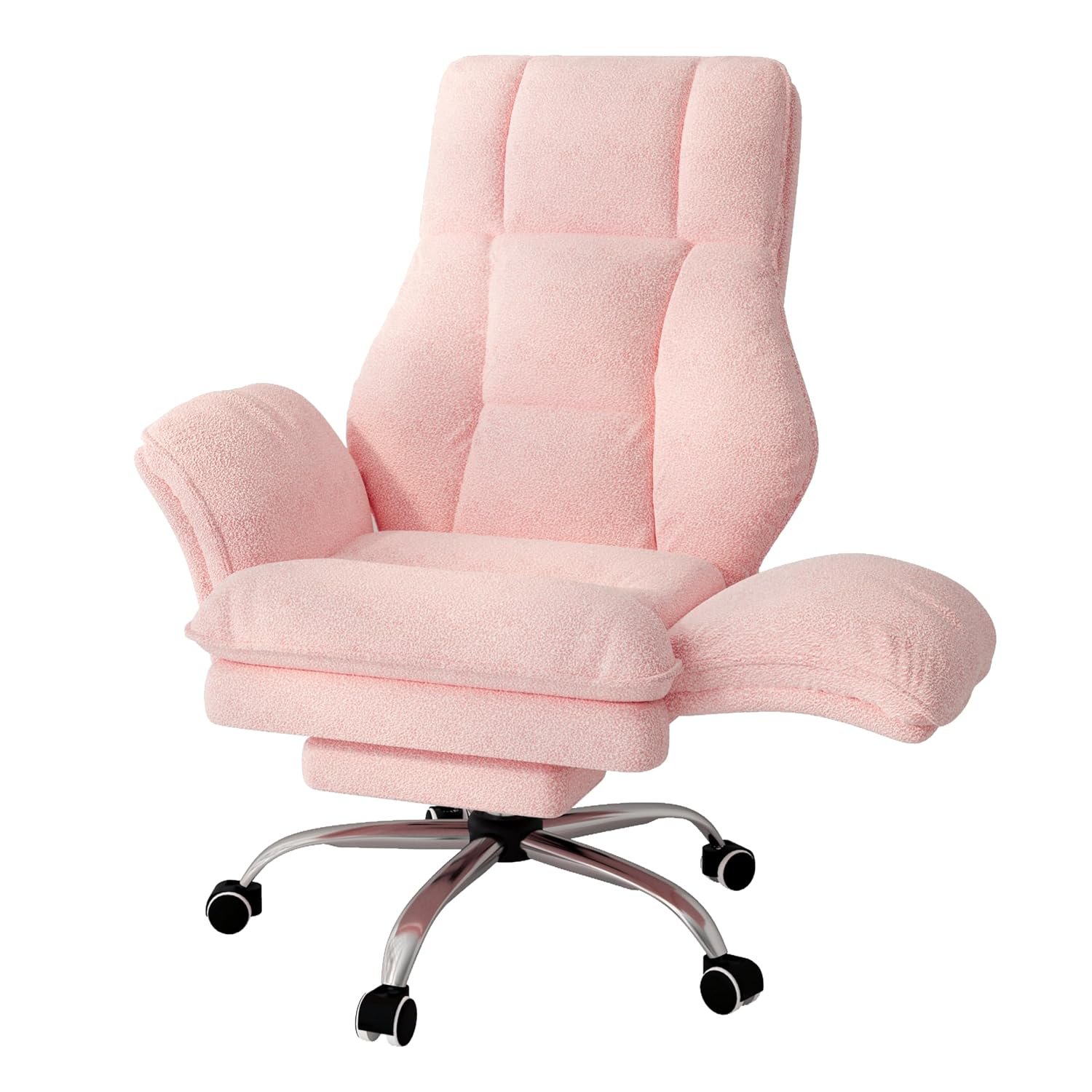 HOMiGroPa Big and Tall Office Chair, Ergonomic Executive Desk Chair with Flip-up Armrests & Footrest, Wide Seat Cross Legged Chair, High Back Computer Chair, Teddy Fleece Home Office Chair, Pink