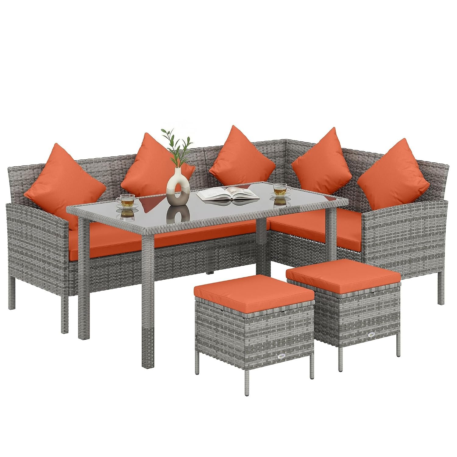 Outsunny 5 Pieces Rattan Garden Furniture Set, 6 Seater Wicker Dining Set with Wide Seat, Corner Garden Sofa Outdoor Furniture Set with Glass Top Table, Footstool and Cushions for Patio, Orange